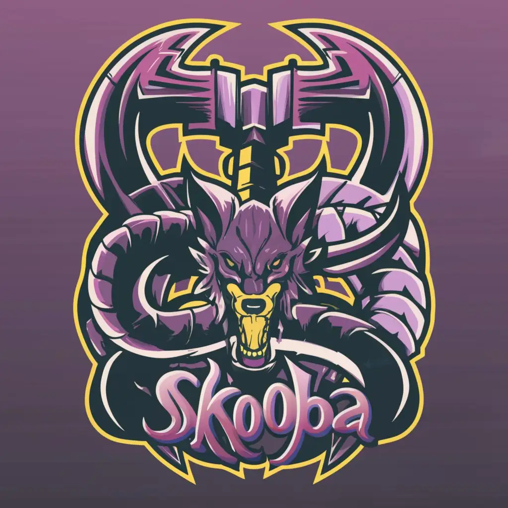 a logo design, with the text 'skooba', main symbol: a dragonserpentwolf/ a giant axe/ purple/ green, complex, clear background