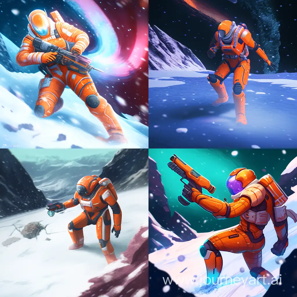 A sci fi astronaut in an orange dark fantasy spacesuit is barely standing on a snow-covered slope. He has a blaster in his right hand, which he points forward. He covers his stomach with his left hand.