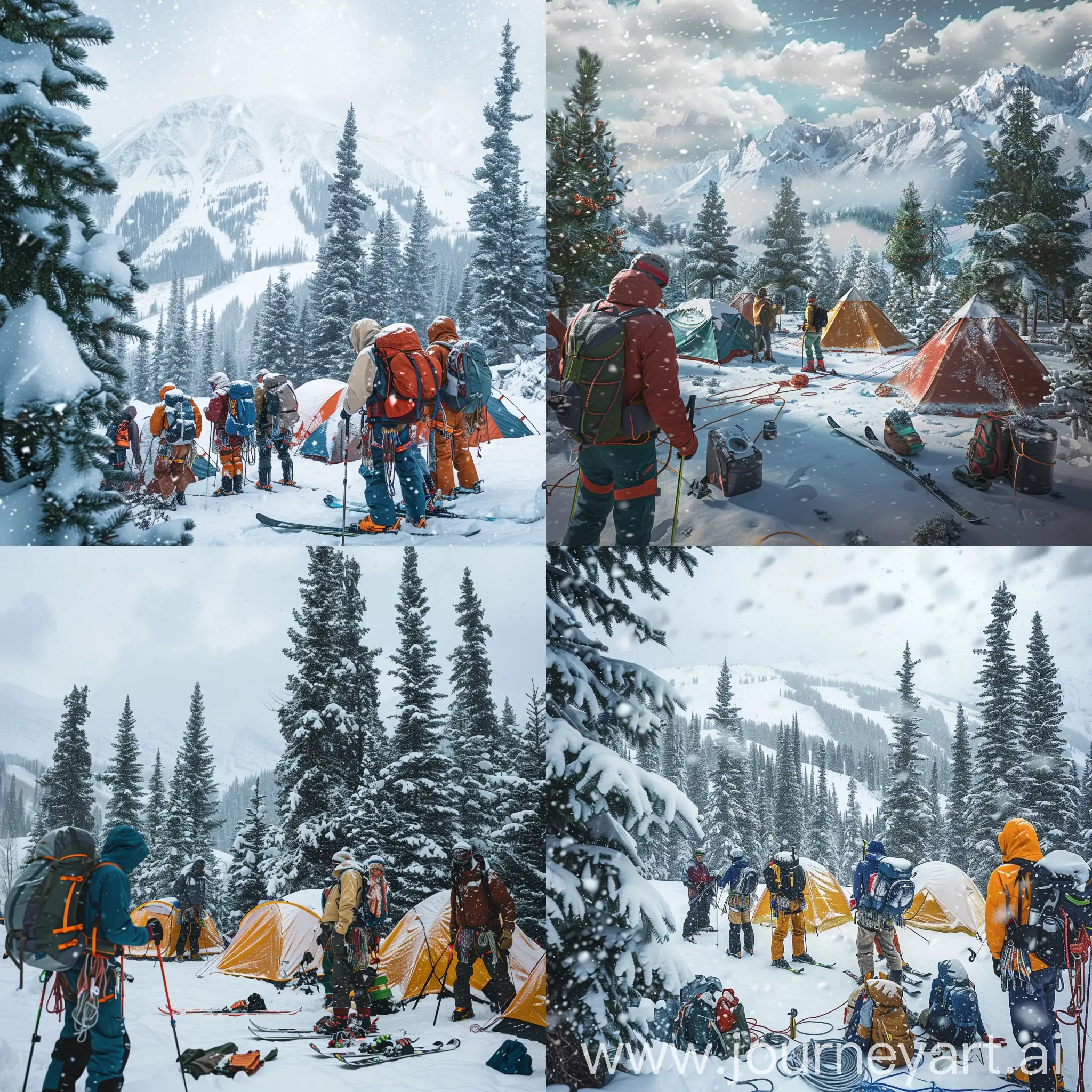 帮我设计一张实景照片，：一群户外爱好者，身上穿着专业的户外装备，绳索，冰镐，滑雪板，正在欣赏营地对面的雪山美景，露营地刚刚搭完了四五个帐篷，旁边还有松树，树上和营地上都是积雪，帐篷上面也有满满的积雪，此刻正在下雪，空中还有几朵白云