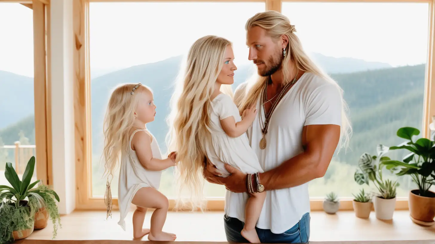 Couple in their spacious , bright mountain home there are many plants  
Woman: Blonde long haired, blue eyed, boho jewelry designer
Man: long blonde hair, blue eyes
with their adorable toddler