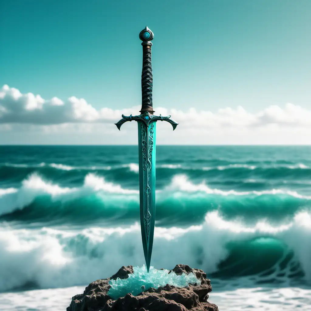 A sword among a vista of teal and aquamarine ocean waves