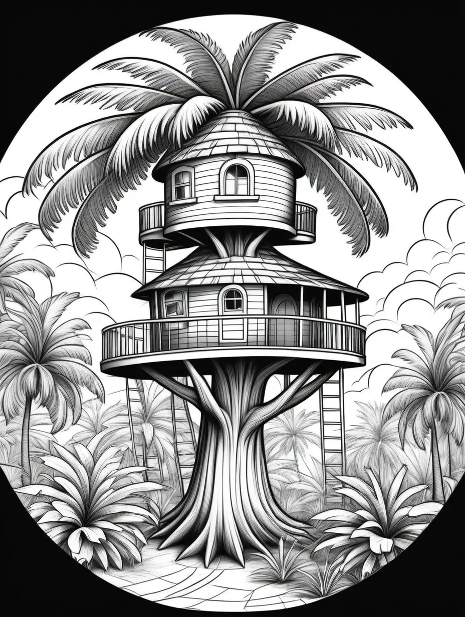 a round tree house in a palm tree coloring book, detailed individual leaves, black and white, no shading, no background, thick black outline
