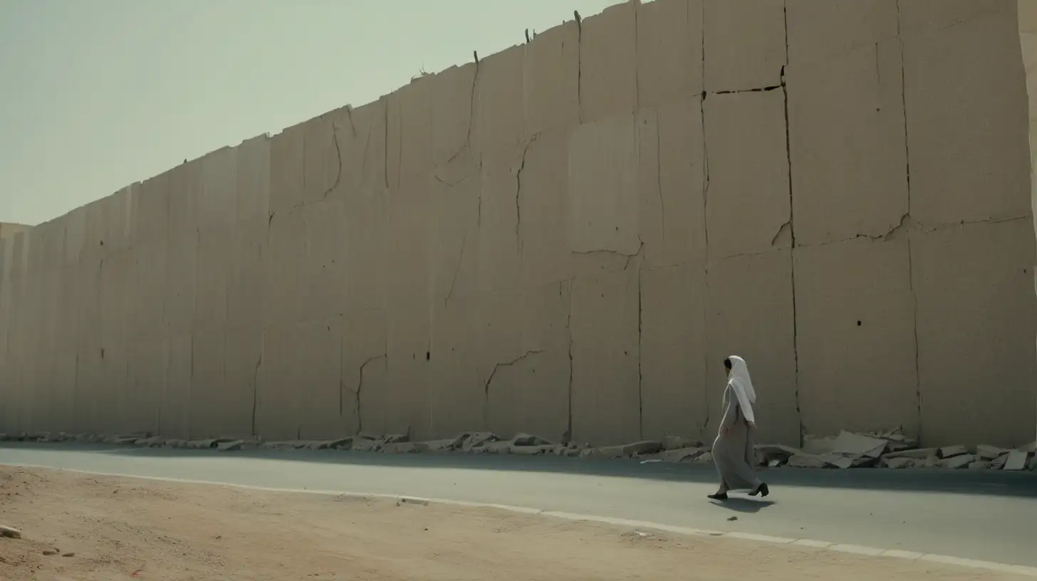 MiddleAged Woman Walking Along WarTorn Wall in the Middle East