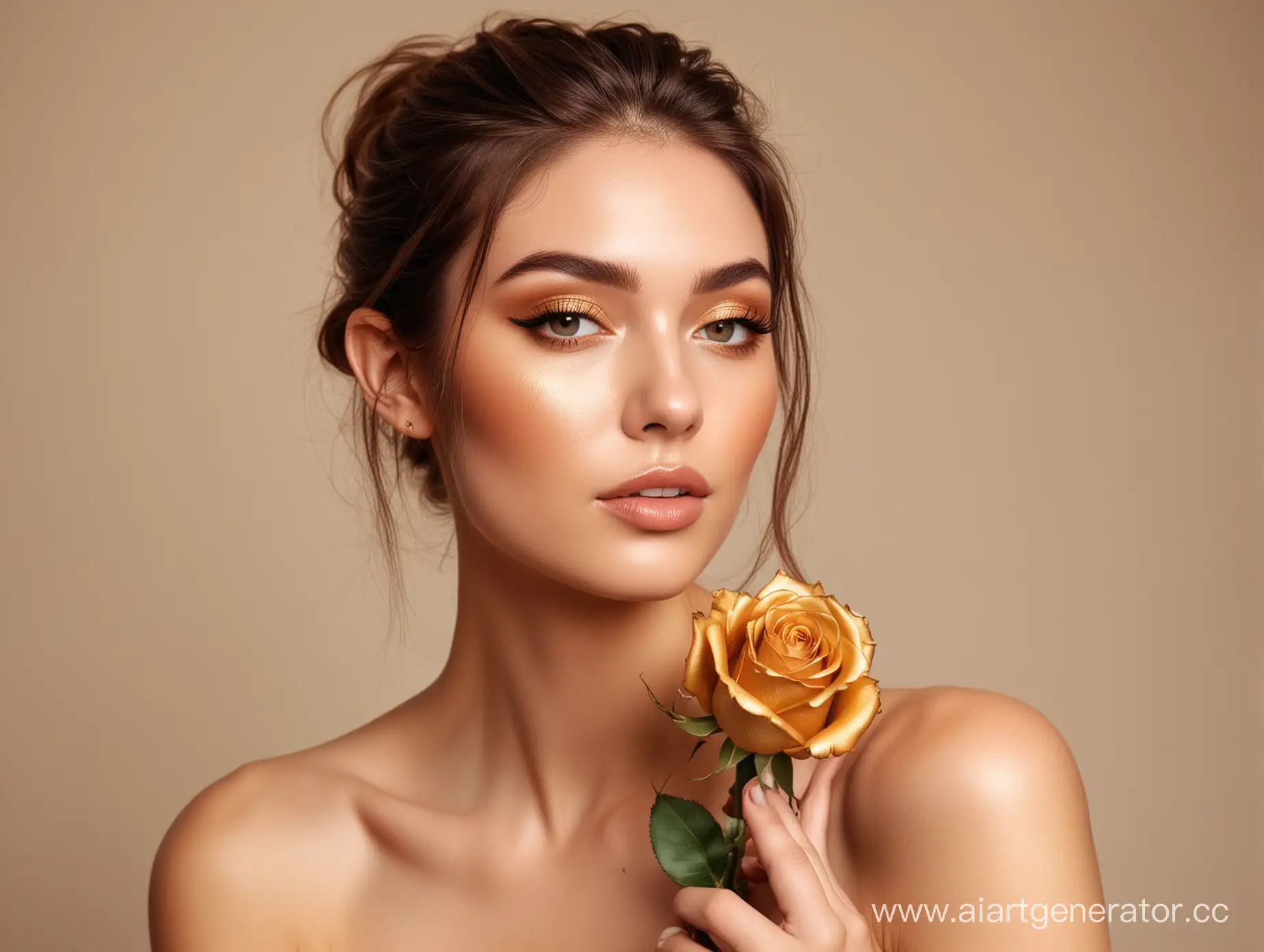 женщина с модельным лицом с обнаженными плечами позирует с золотой розой с легким макияжем
