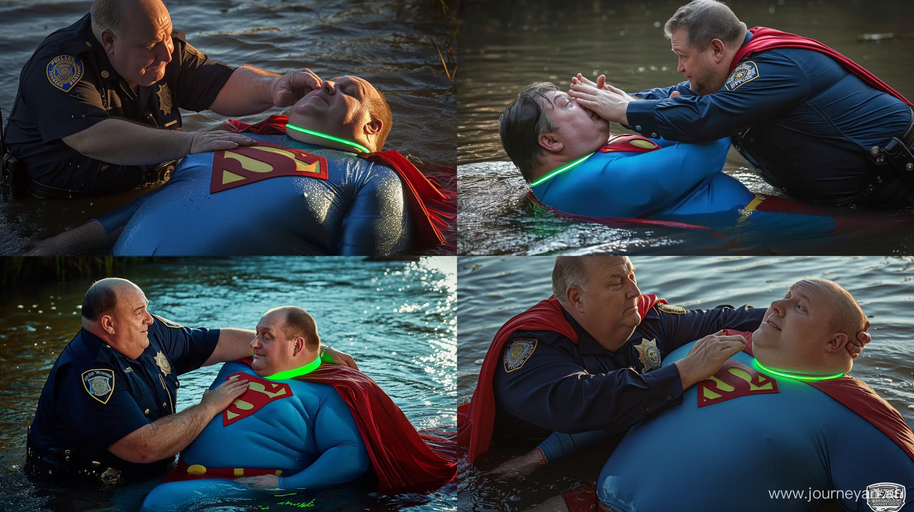 Close-up photo of a fat man aged 60 wearing a silk navy police uniform placing his hands on the shoulders of a fat man aged 60 wearing a tight blue 1978 smooth superman costume with a red cape and a tight green glowing neon dog collar lying in the water. Natural Light. River. --style raw --ar 16:9