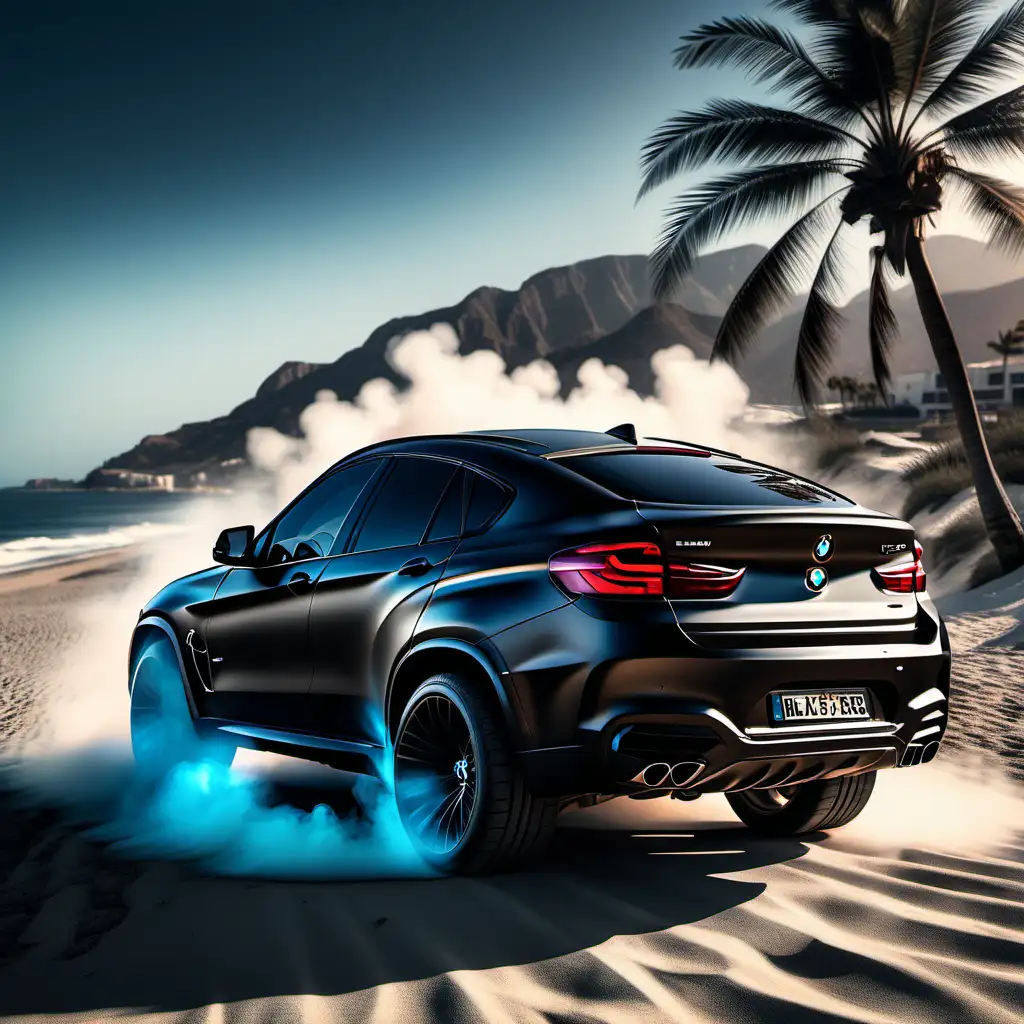 W ultra realistycznym 8K zdjęciu ukazuje się po tuningu czarny matowy BMW X6, generujący dym spod tylnych opon, z delikatnym błękitem świateł podkreślającym jego sylwetkę. Nieczytelna, czarna rejestracja dodaje tajemniczego akcentu na tle malowniczej plaży, morza i palm. Kolory są niezwykle ostre, a ostrość detali podkreśla luksusowy wygląd pojazdu i piękno otaczającego krajobrazu. To ujęcie łączy elegancję z dynamicznym stylem, tworząc wrażenie intensywnego ruchu i wyrafinowanego piękna.