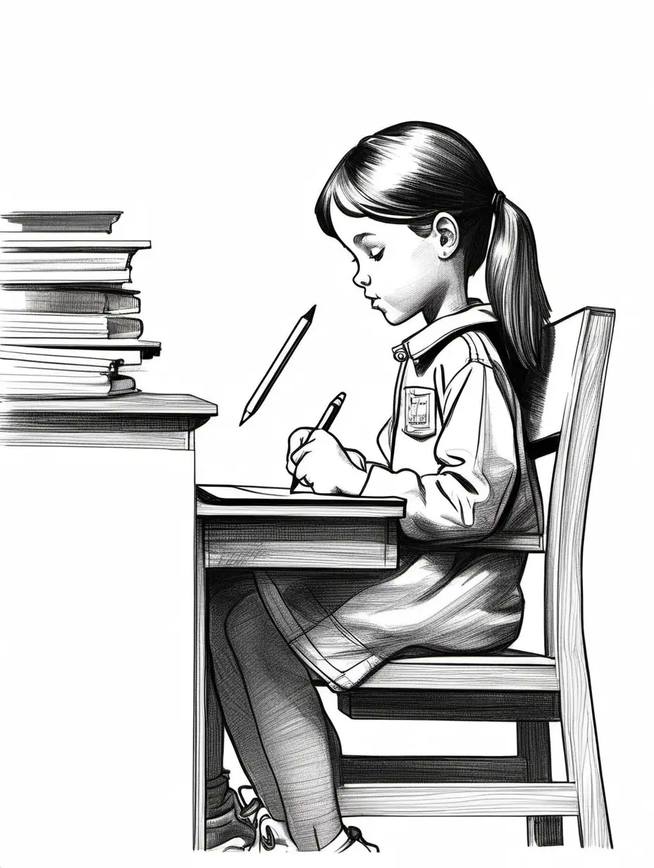 cartoon elementary student writing at desk in school, side profile, girl, pencil sketch, no background, pencil with eraser