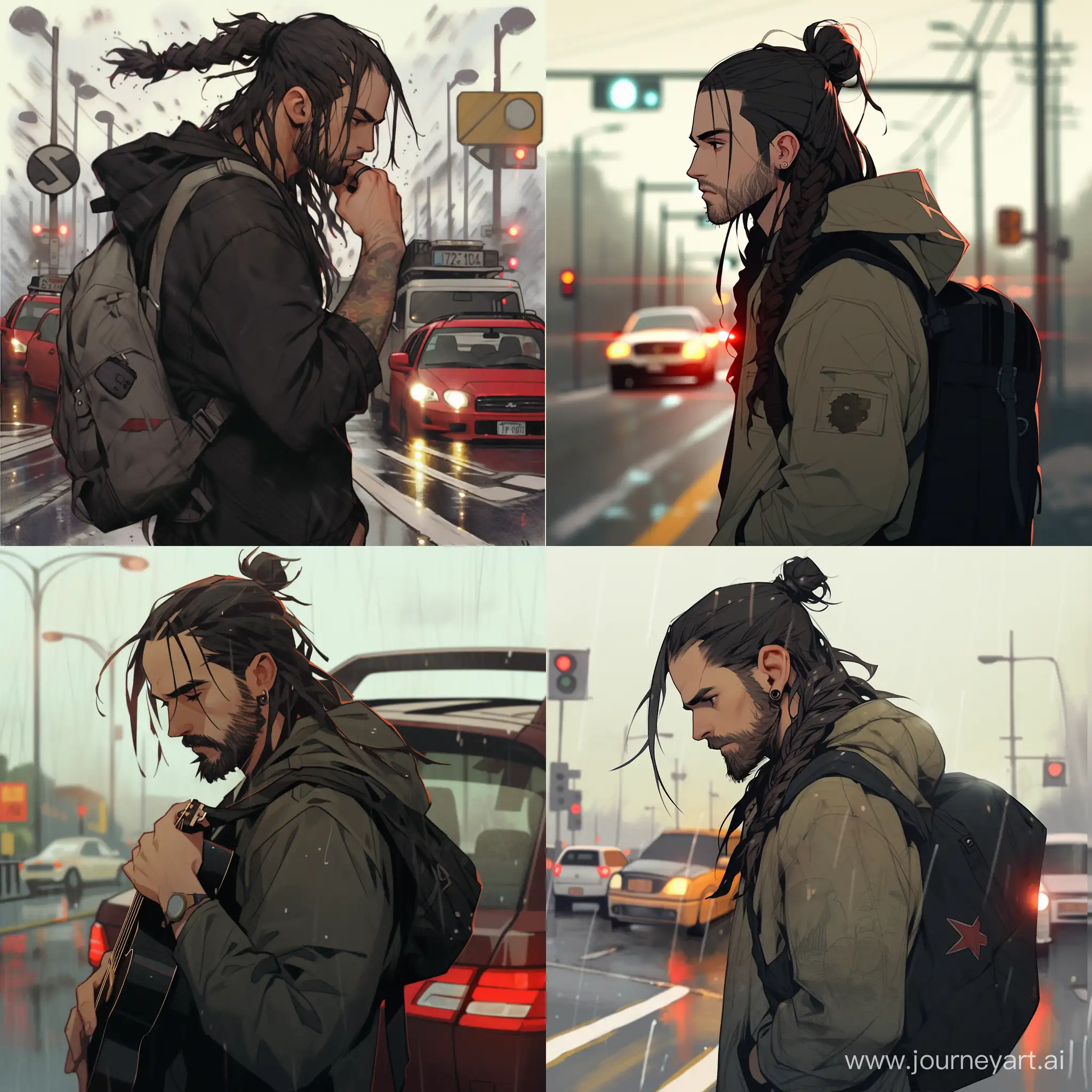 single guy, long black hair, hair pulled back in a disheveled ponytail. brown eyes,brown-eyed guy, hoodie, dark jeans, sneakers, long black hair pulled back in a ponytail, cigarette, traffic light, rain, dark clouds, red traffic light, light rain soaked his clothes, deserted environment, musician looking for inspiration, symbolizing loneliness, symbolizes isolation in the modern world, worth on the side of the road, leaning against the fence, looking thoughtfully into the distance, a cigarette smoldering in his hand, the atmosphere is gloomy, melancholic, contemplative, post rock art style, hard composition, hard perspective --niji --s 250 --ar 1:1 --v 6