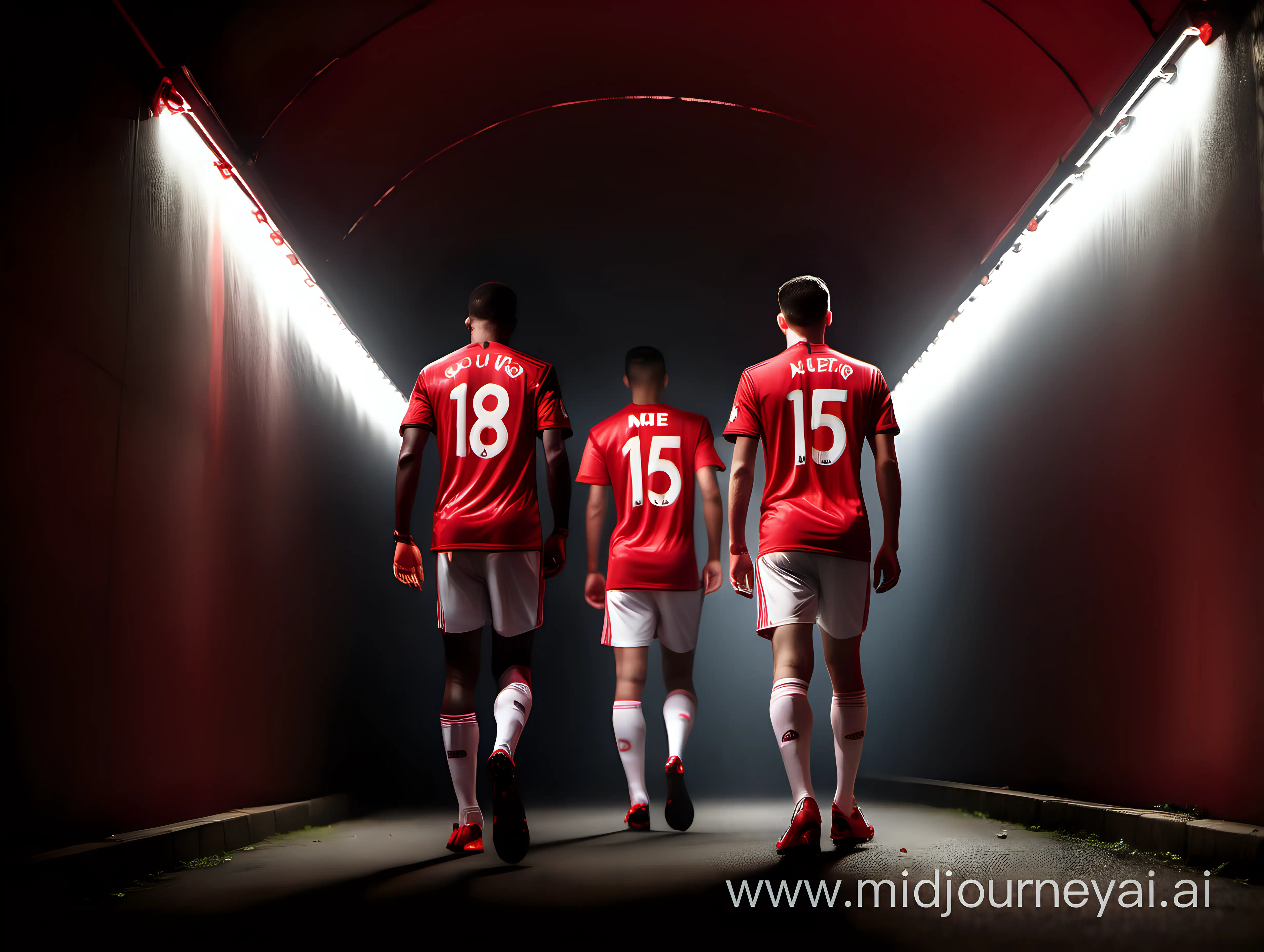 Red tunnel with led dramatic lighting 3 Manchester United Players in red kits, white shorts, walking towards the light from a low angle close up show faces. Front lit, photorealistic. Dutch Angle, side view. Sony a7R IV camera, Meike 85mm F1.8 lens. 