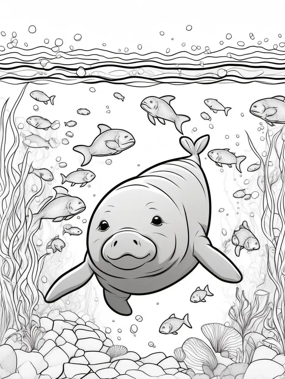 Cute Manatee Calf Swimming with Fishes in Crystal Clear Water Coloring Book Illustration
