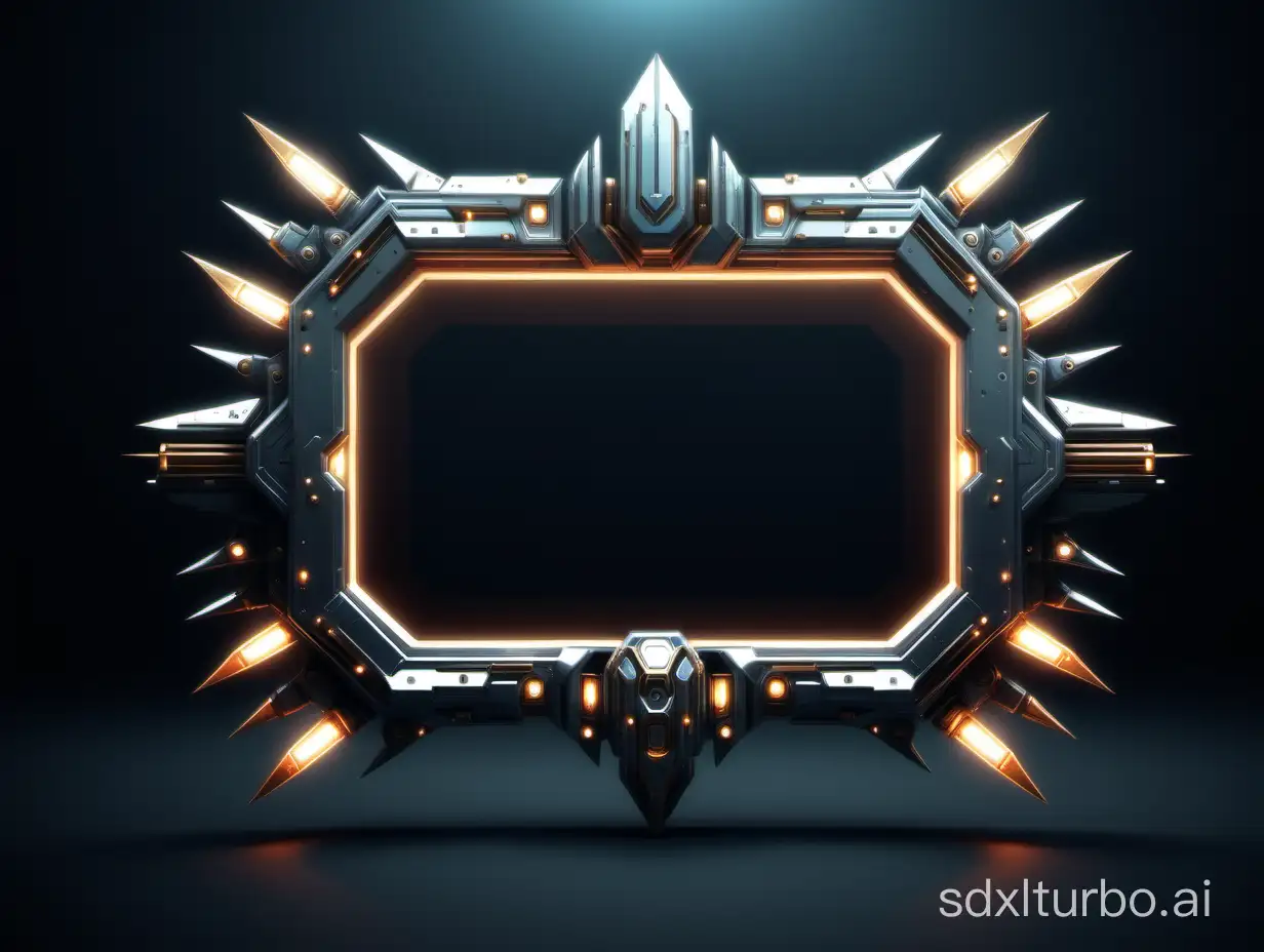 create a scifi frame with sharp edges and full bullets decoration, front view, clean, lights