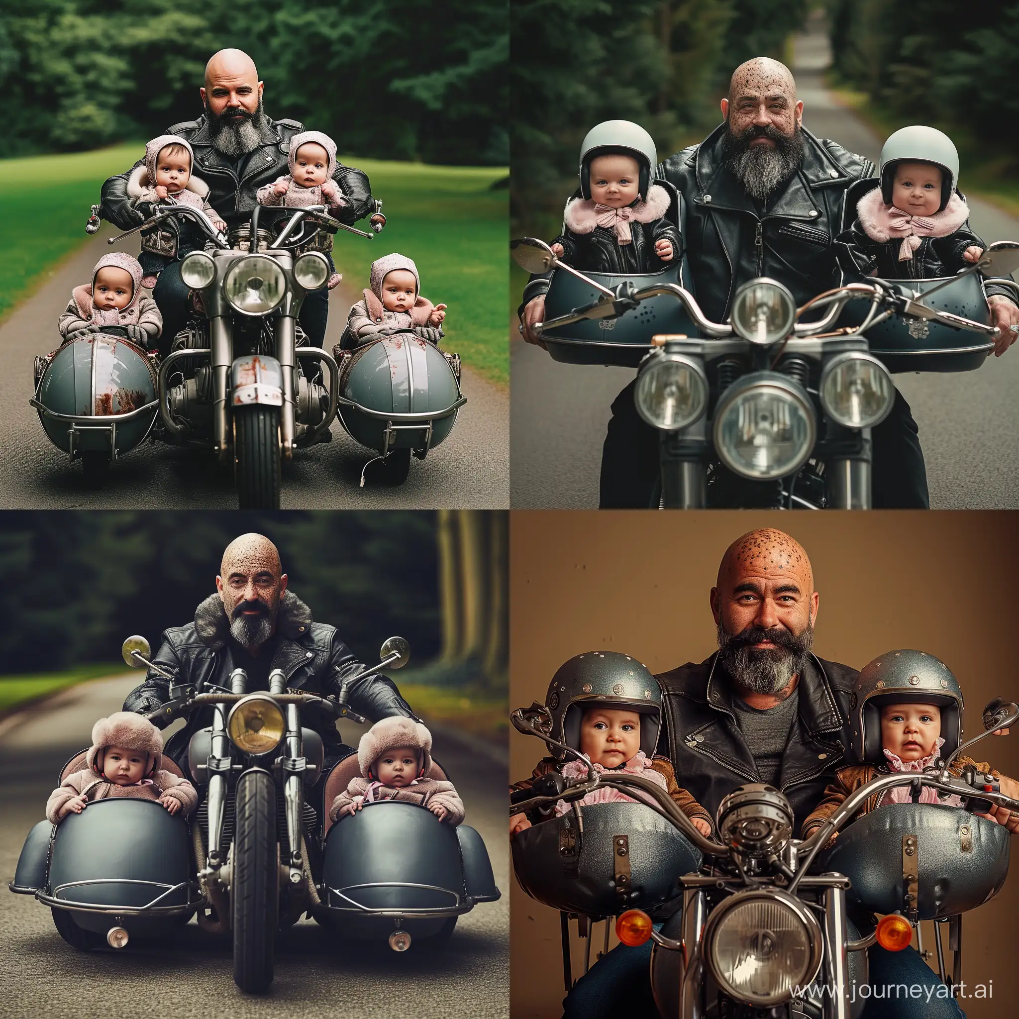 A father who is bald with a black beard but speckled grey, and he's driving a cool motorcycle that has two side cars one on each side.  In each side car is an infant twins baby girl, and the girls are wearing leather jackets and helmets
