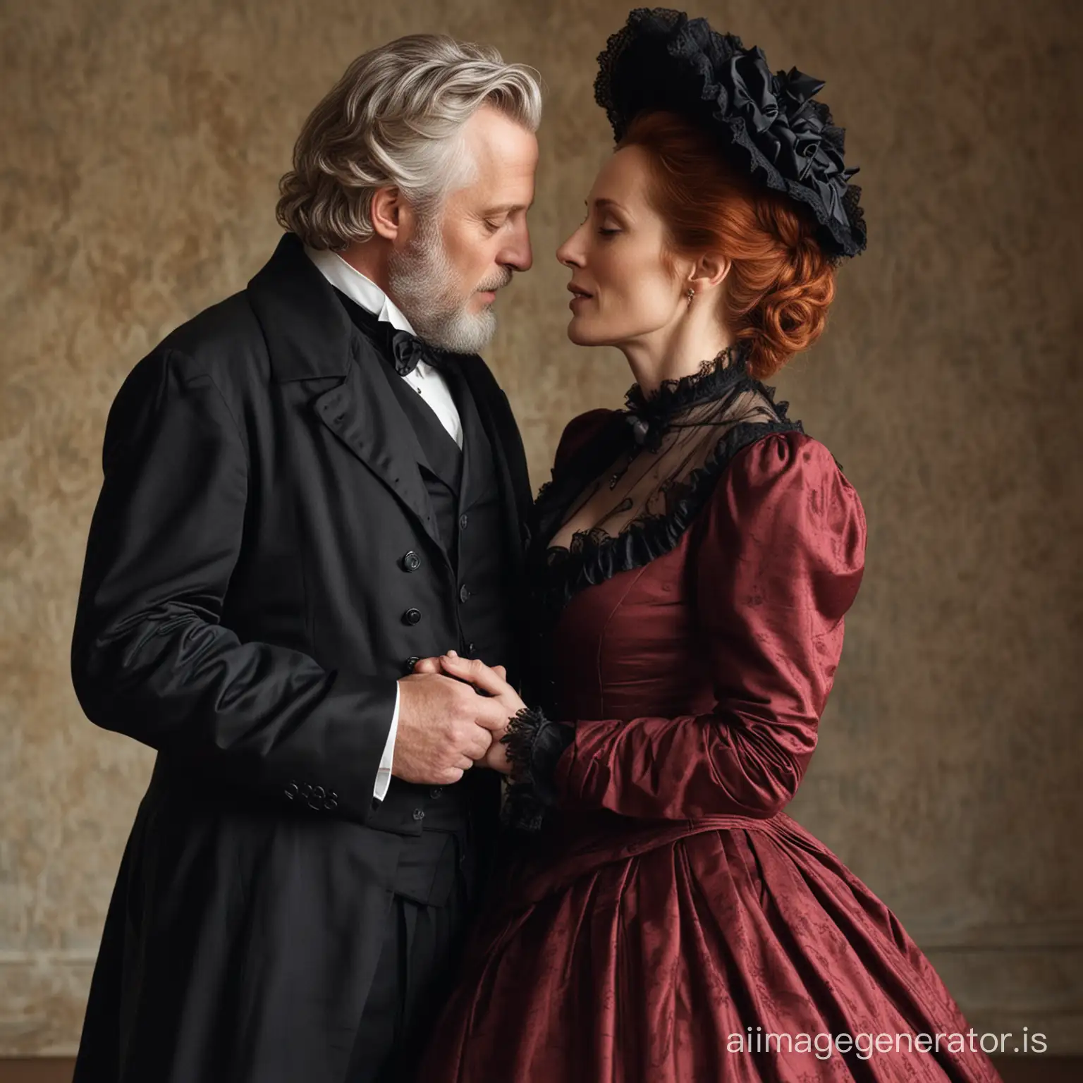 fat red hair Gillian Anderson wearing a dark crimson floor-length loose billowing 1860 Victorian crinoline high collared dress with a frilly bonnet kissing an old dressed man dressed into a black Victorian suit who seems to be her newlywed husband