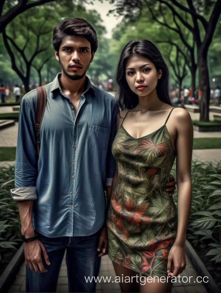 (((25years old couple standing in a beautiful secret park))), slim woman, stocky man, full body, Steve McCurry art, award winning photography, grainy, realistic, hyperrealistic, very realistic, very very realistic, highly detailed, very detailed, extremely detailed, detailed, digital art, trending on artstation, detailed face, very detailed face, very detailed face, realism, HD Quality, 8k resolution, intricate details, colorized photograph, colorized photo. Sharp focus,