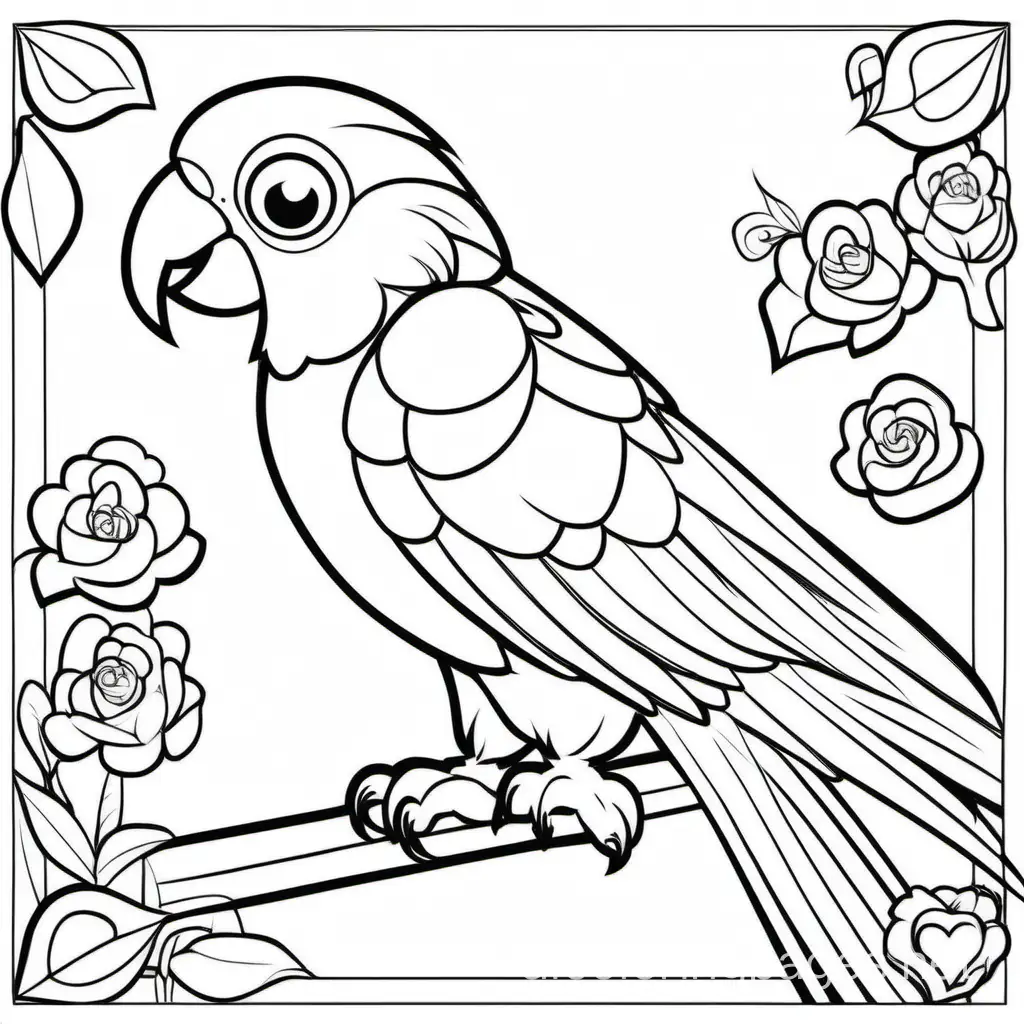 parrot in valentine day, Coloring Page, black and white, line art, white background, Simplicity, Ample White Space. The background of the coloring page is plain white to make it easy for young children to color within the lines. The outlines of all the subjects are easy to distinguish, making it simple for kids to color without too much difficulty