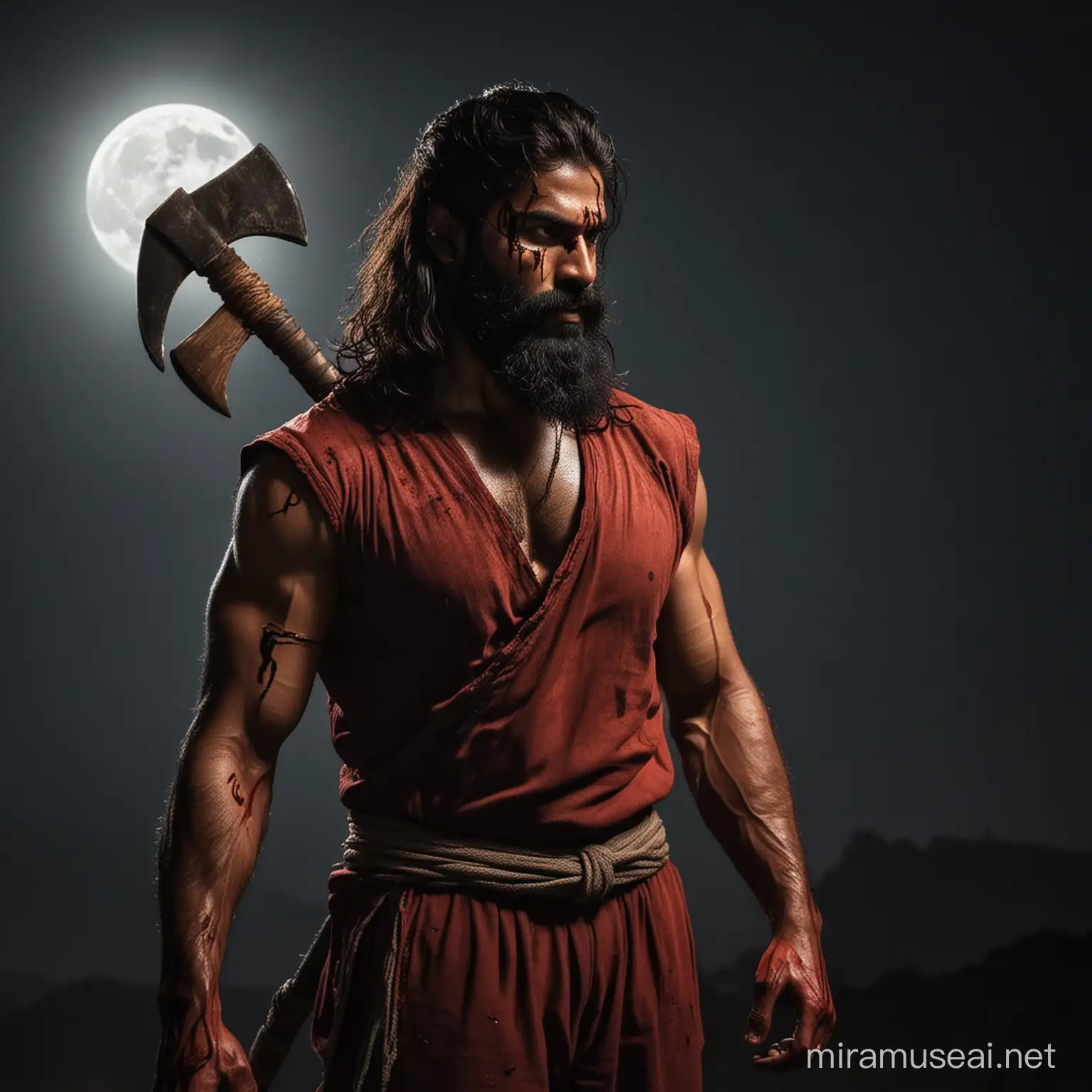Side Profile of Modern day Parshuram in flowing beard and long hair and track suit with an axe slung across his shoulder, his eyes intense and blood shot his face partly lit by the moonlight

 