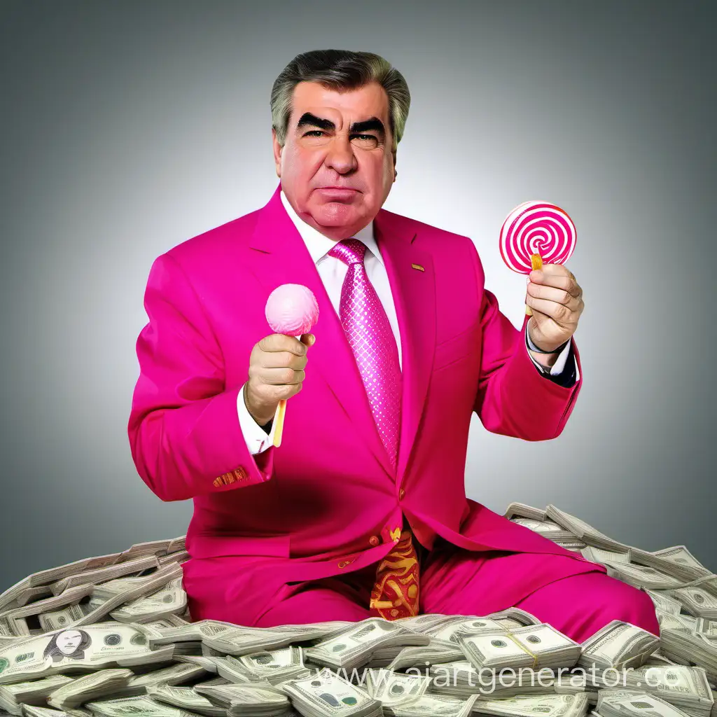 Президент Таджикистана Рахмонов одет в розовый костюм,в руках леденец в другой морковь сидит на куче денег