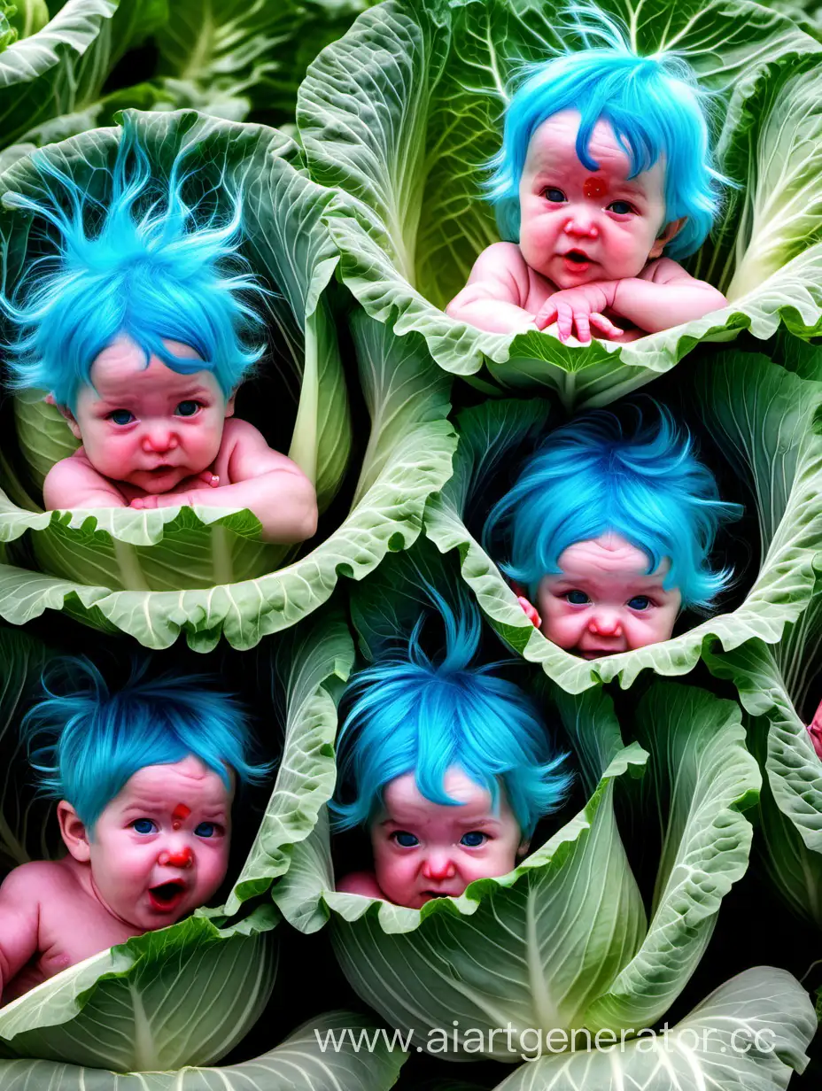 Adorable-BlueHaired-Babies-Surrounded-by-Cabbages-with-Striking-Red-Eyes