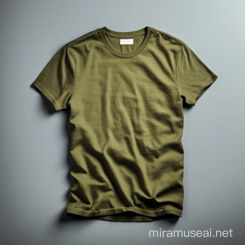 blank olive tshirt laying on grey background, in bright light as a mock up