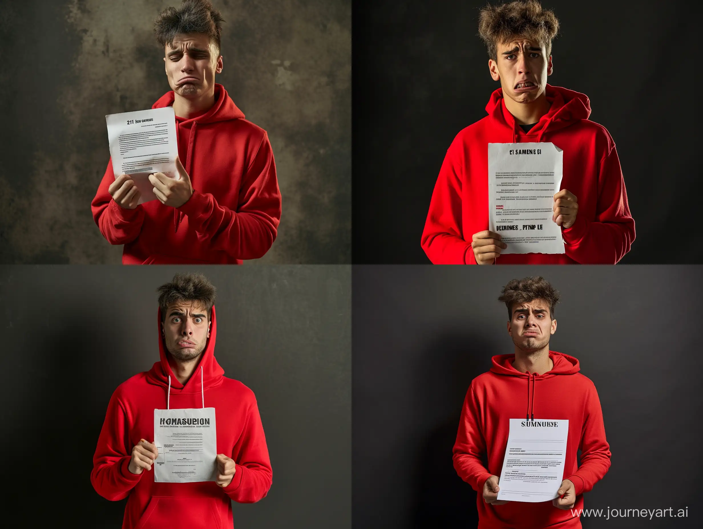 Upset guy, 21 years old. He learned that he had been declared fit for military service. He's upset about it. The guy is wearing a red hoodie and holding a piece of paper with a summons. Make the picture realistic and in high quality.