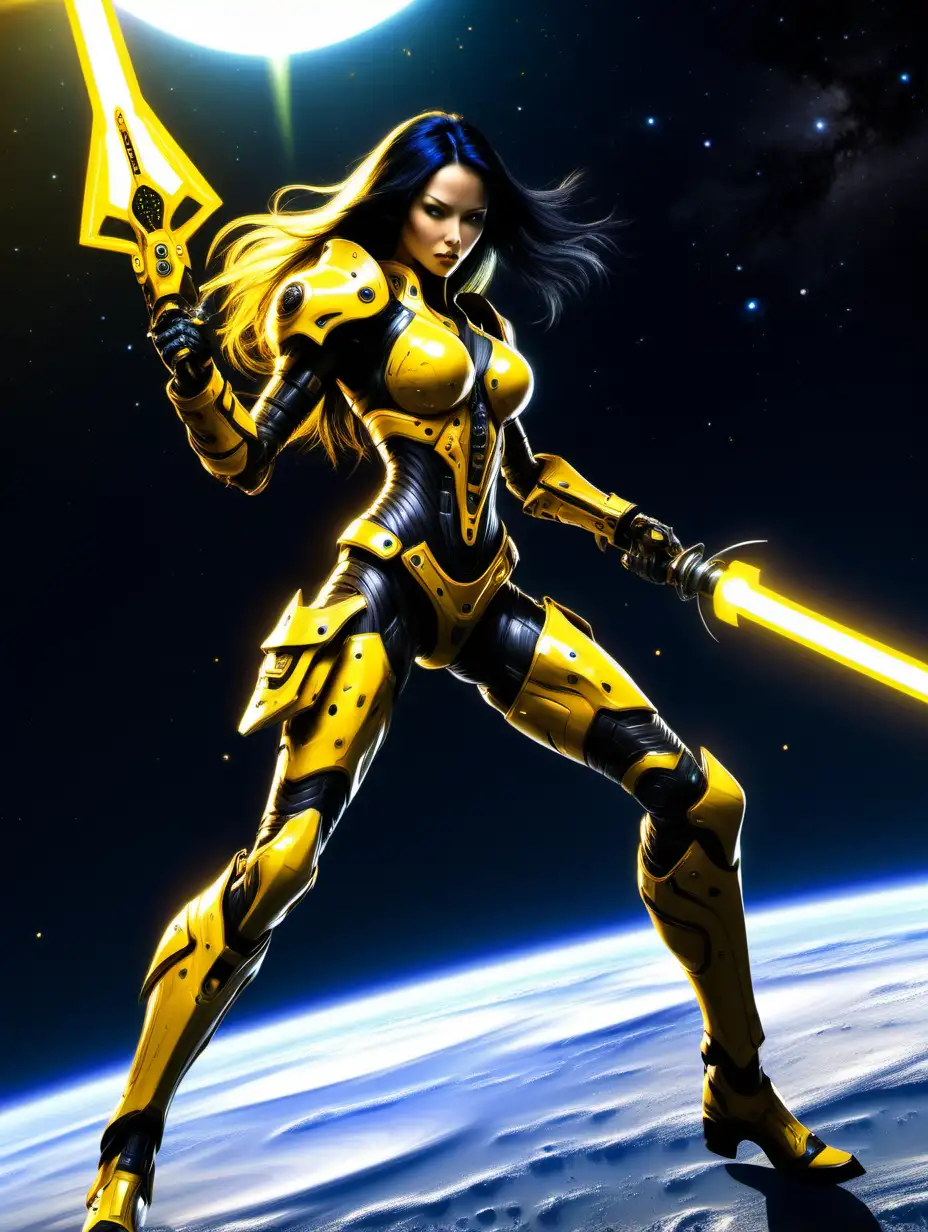 tall, fit, long wild yellow and black hair, female warrior, full body, in fighting stance, with cybernetic white and yellow armor, properly holding 1 laser blade, in space floating in front of the venus, defender of the venus planet
