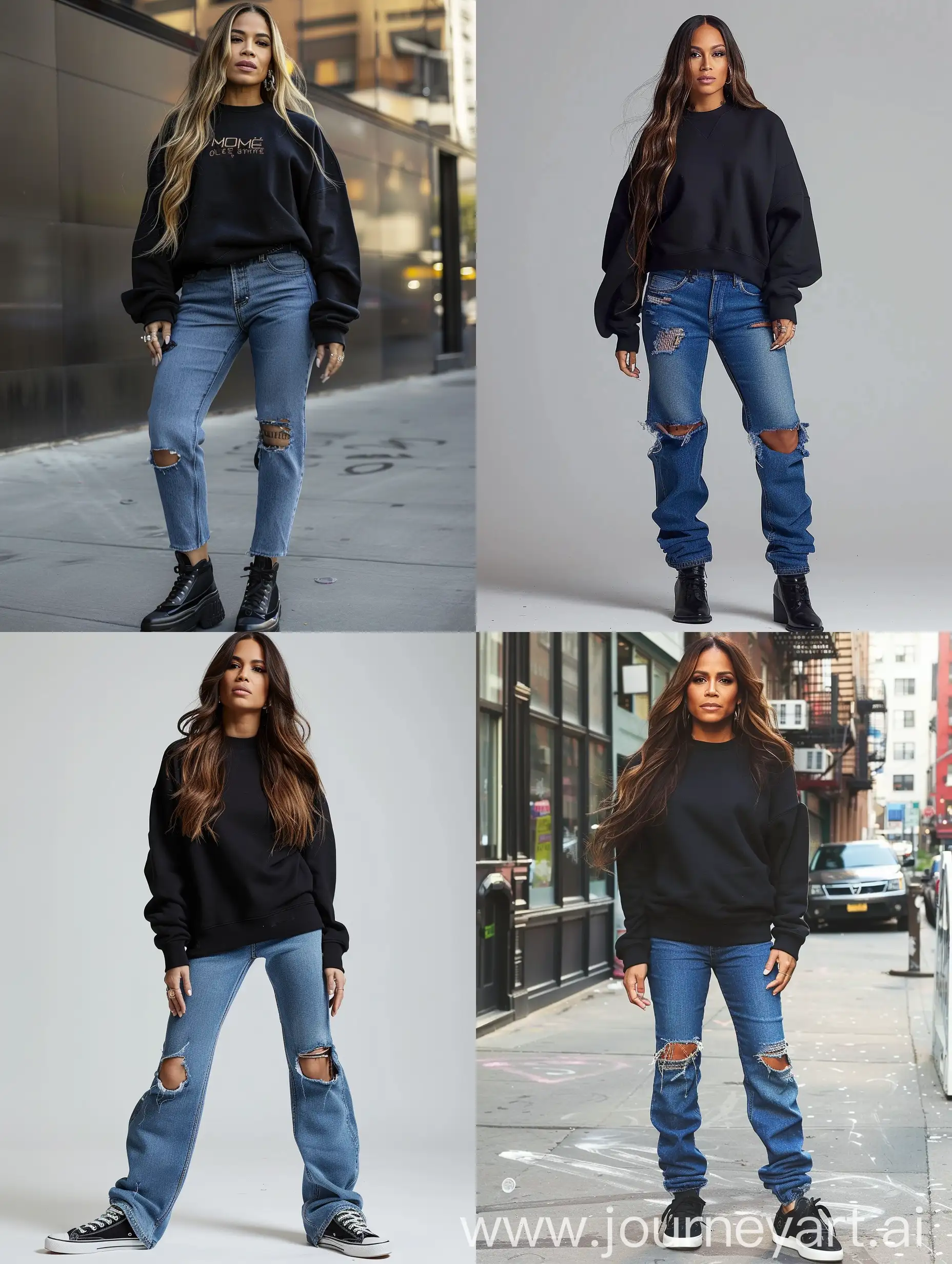 Дженнифер Лопес длинная в полный рост с ногами и обувью в черном свитшоте и синих джинсах без дырок