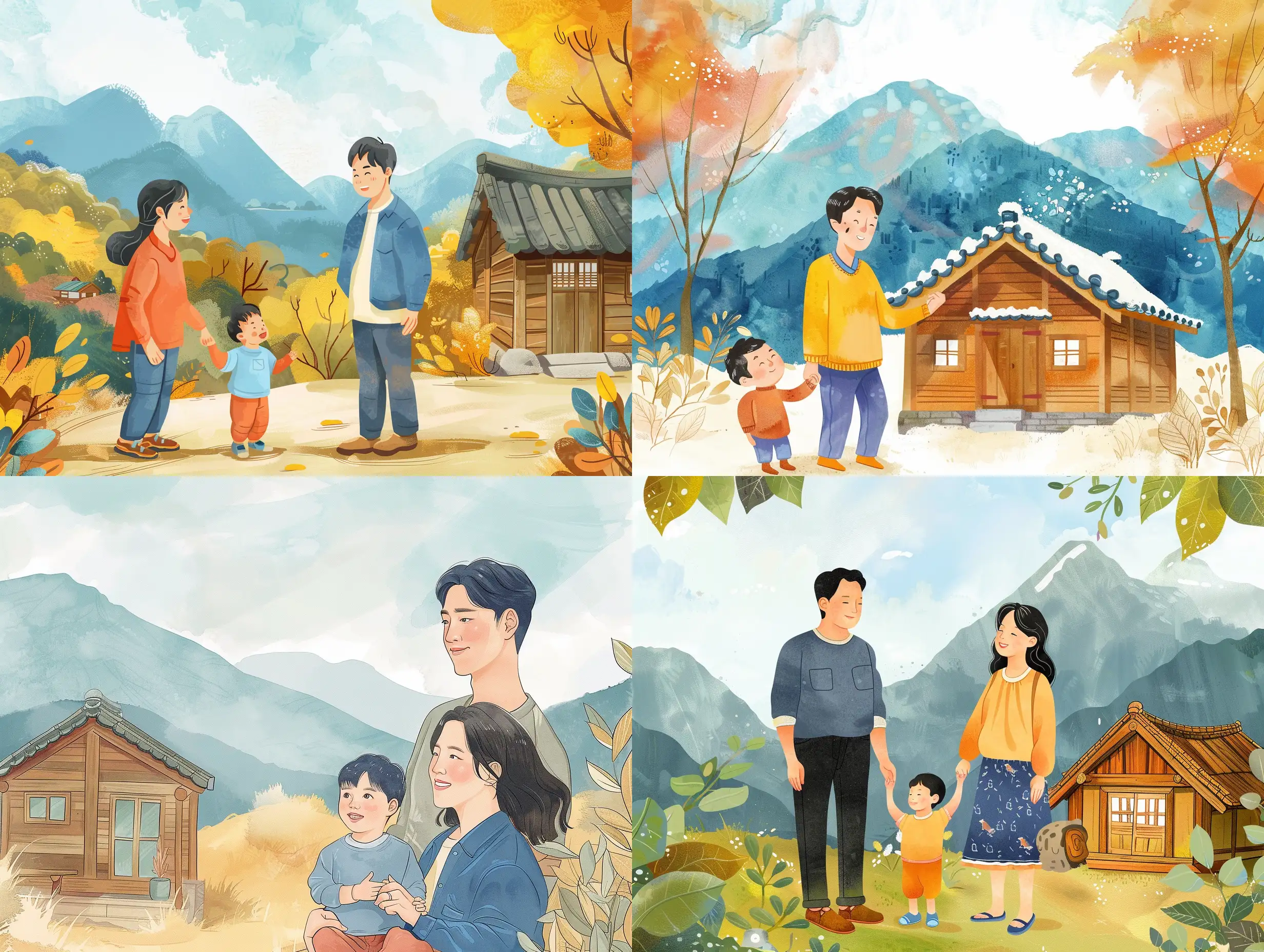 Illustration like fairytale about Korean man and Korean woman and their 3-years son near the small wood house near the mountain 