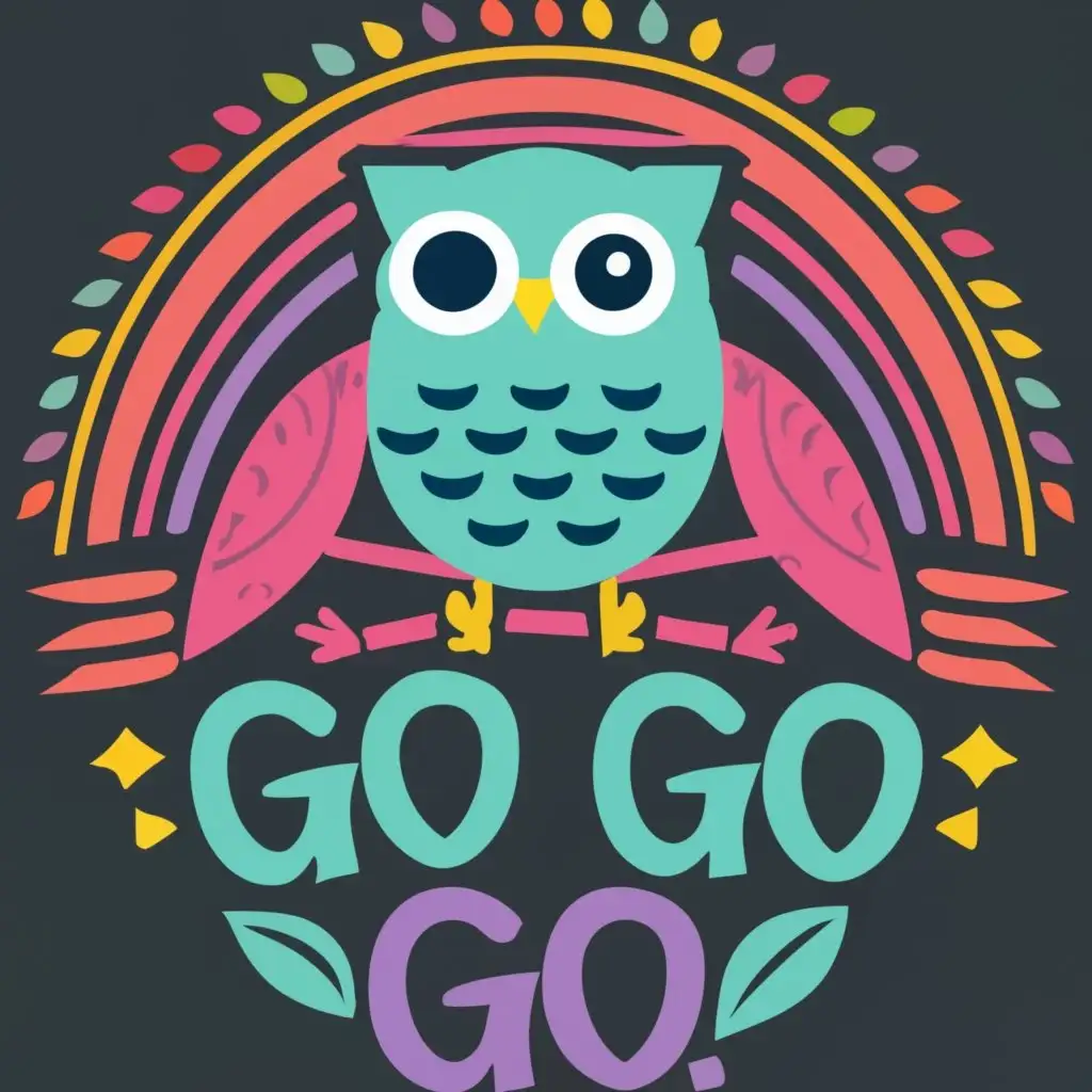 logo, owl, in colors, with text go go go, with the text "owl", typography