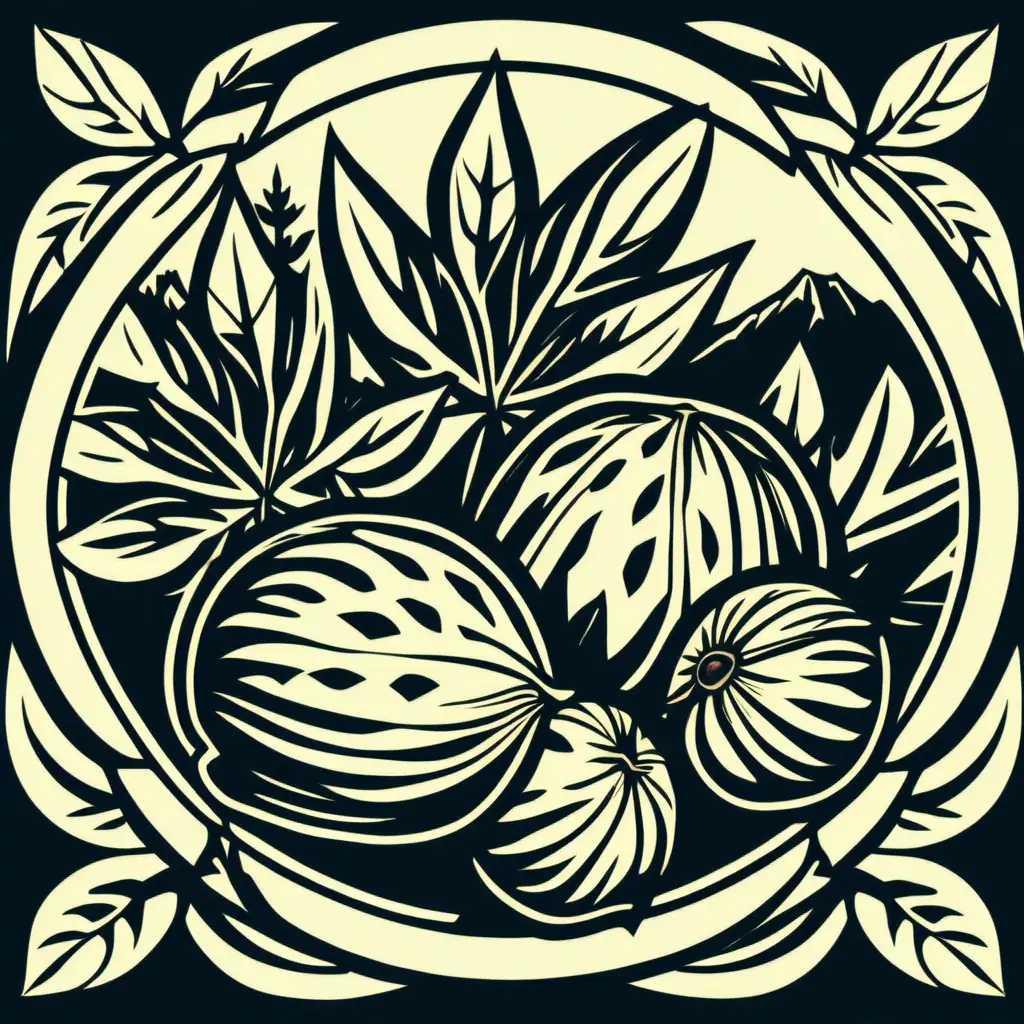 Imagine a block print style circular logo of a breadfruit plant growing, closeup of leaves and round fruit, simple, vector, not shading or gradients, 1-2 colors, plum color logo, mountain range in the background. Hawaiian inspired design elements. leaves on the top of ONE round fruit. correct shape of leaves. white background. One fruit, needs mountains




