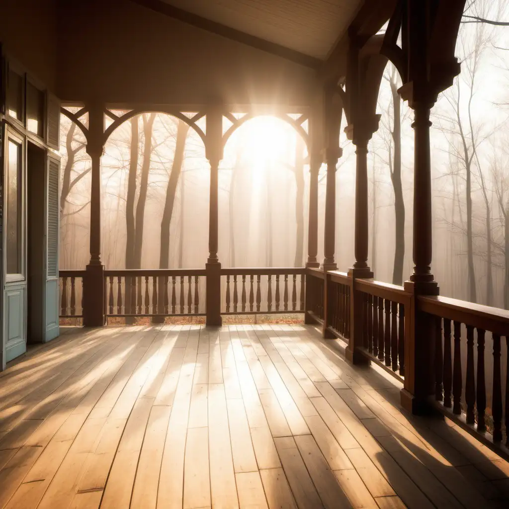 Sunlit Veranda of a Country House in Enchanting Forest Fog