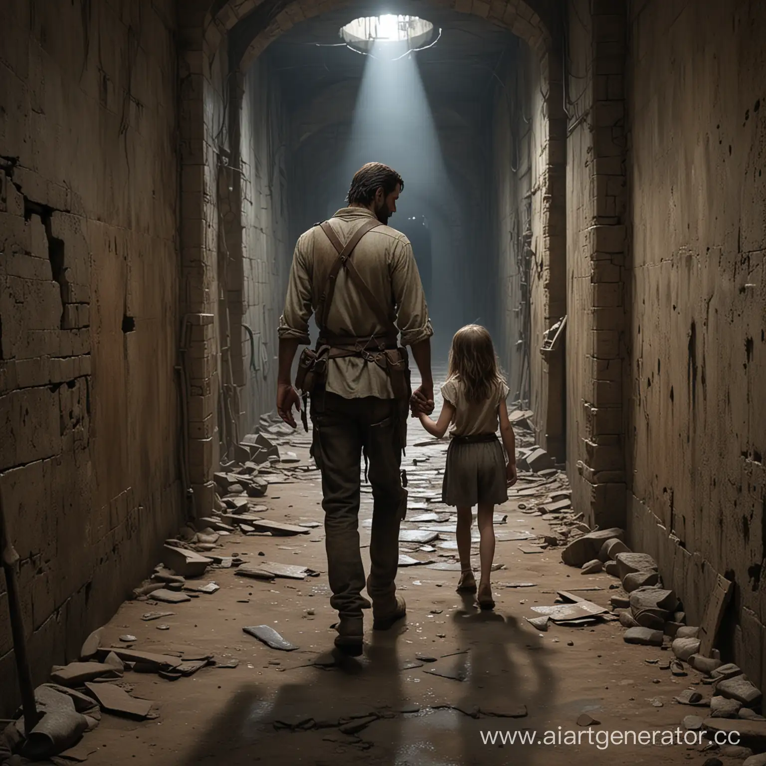 По заброшенному подземелью ходит суровый мужчина высокого роста со шрамом на лице и девочка маленького роста, которая держит его за руку, и следует за ним