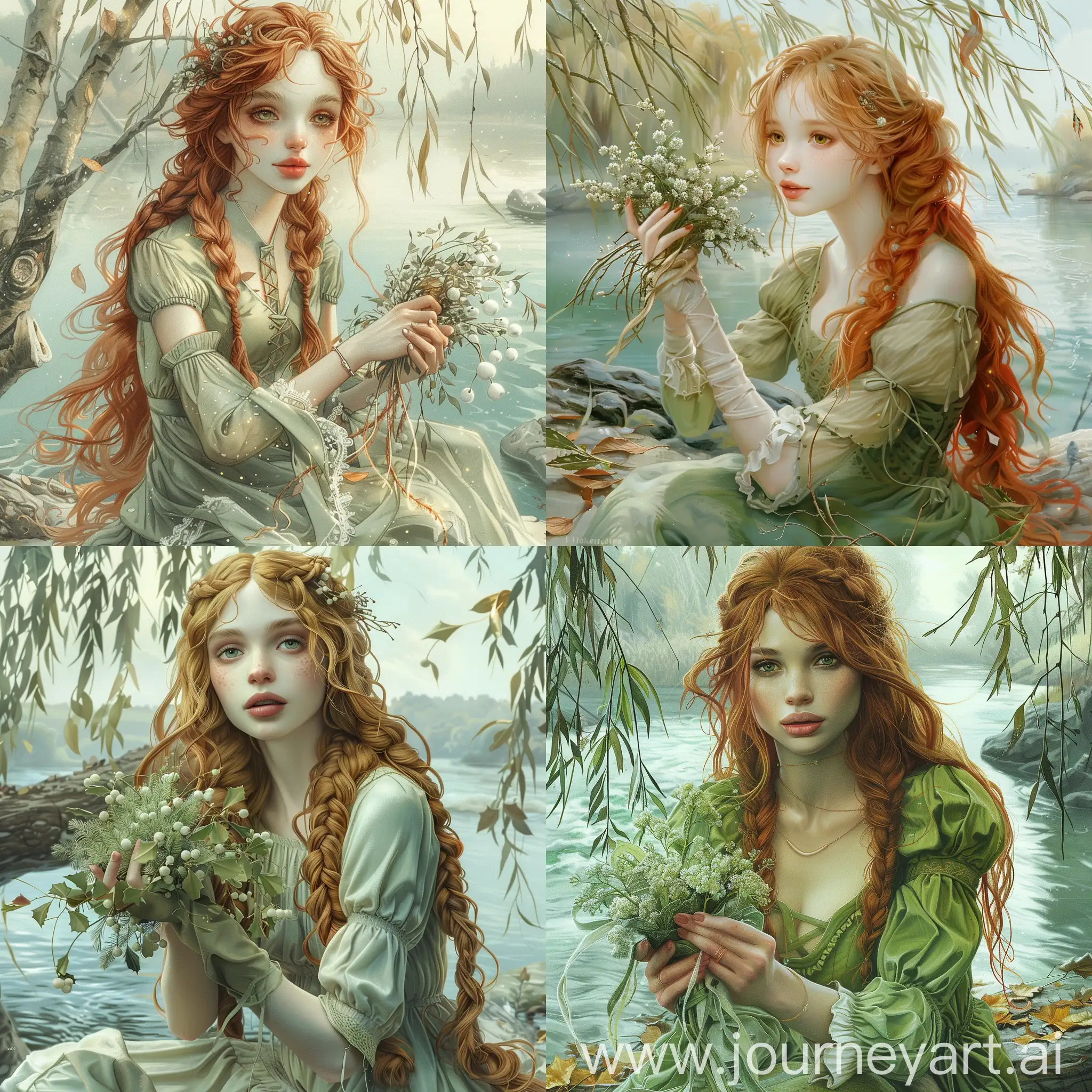 1girl, iwzry, long hair, red hair colour, braided hair, messy hairstyle, pale skin, light-green eyes colour, pale-ruby lips, calm look, calm smile, light-green dress colour, long sleeves, bushy sleeves, handing a bouquet of mistletoe, cold-green bouquet colour, white mistletoe, sitting on rock near river, light-blue water, big willows, some leaves on water, light-yellow light colour, detailer:1, closed view