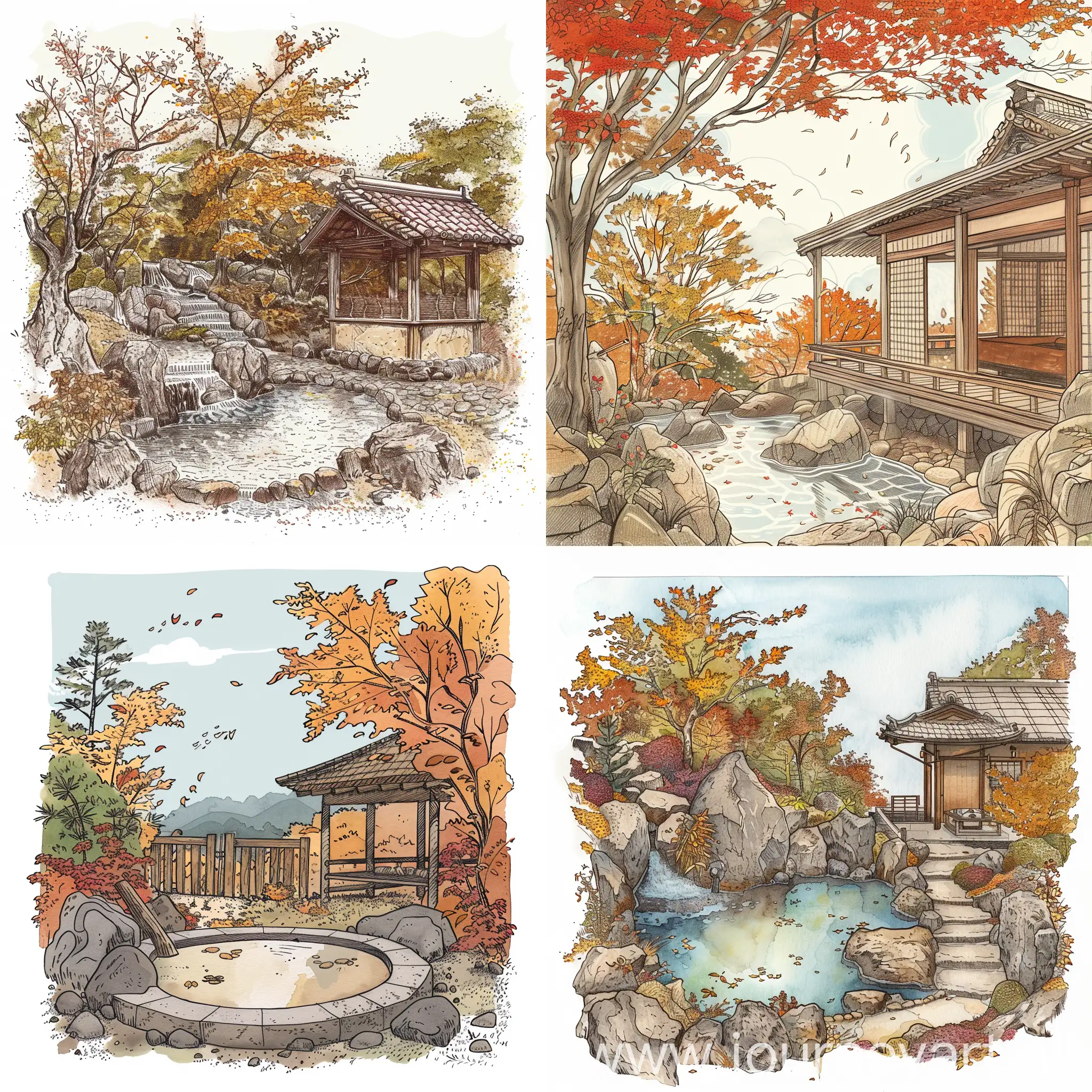 a drawing of a traditional open air onsen in nature in autumn