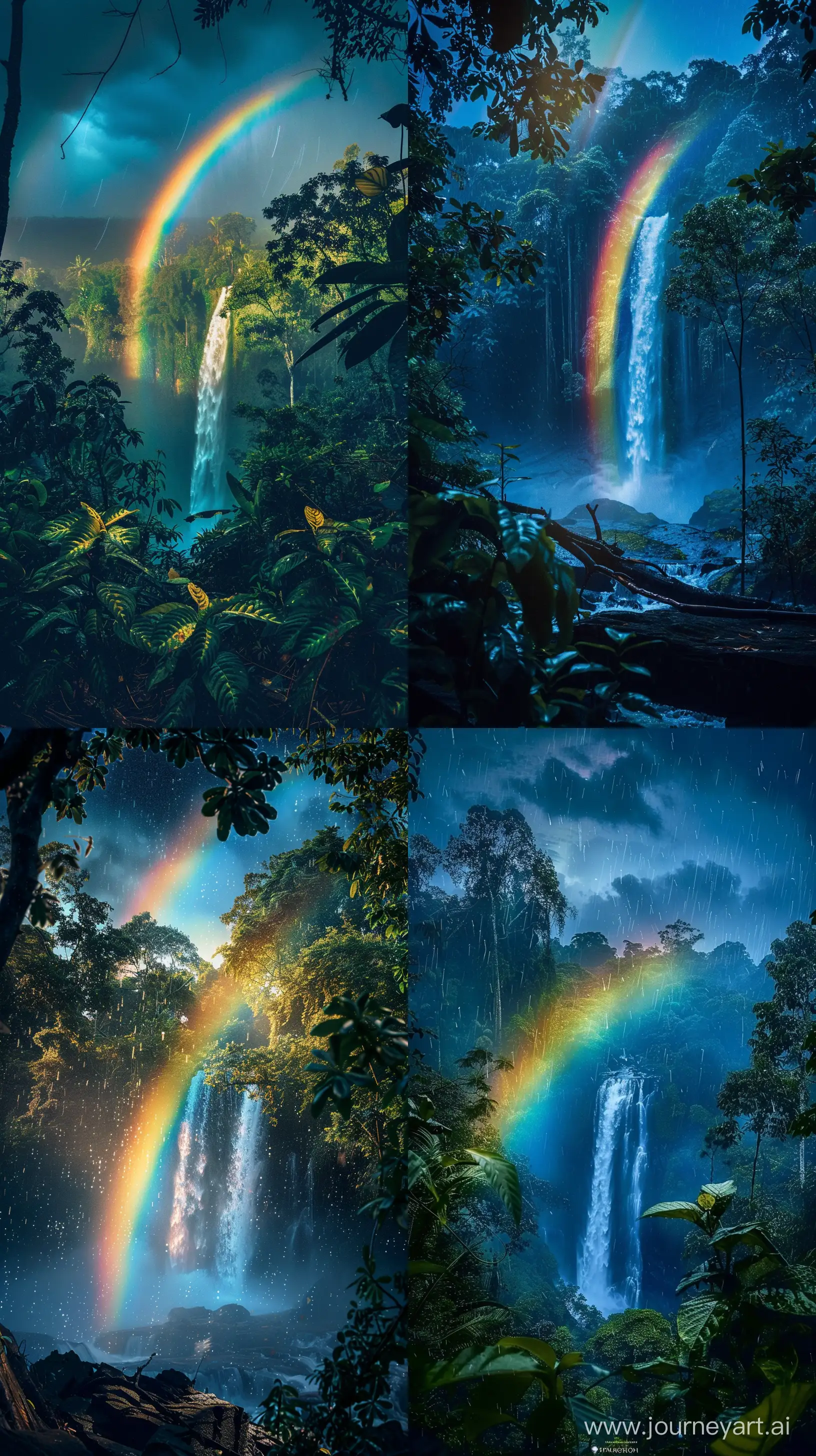 A Magical Rainbow Shines Through the Middle of the Forest and Waterfall, Rainy Night, Blue Effect, Cinematic Photography, Wide Shot, High Precision --v 6.0 --ar 9:16 --style raw