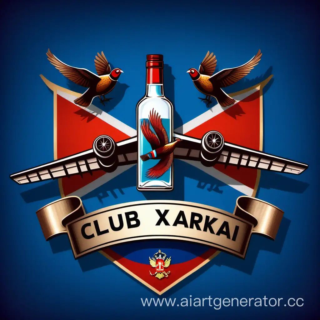 Russian-Club-Emblem-Airplane-Pheasant-Vodka-Bottle-on-Flag-Background