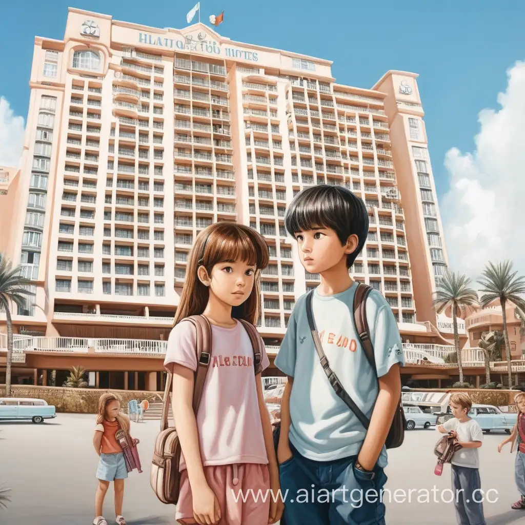 Girl and boy infront of many hotels