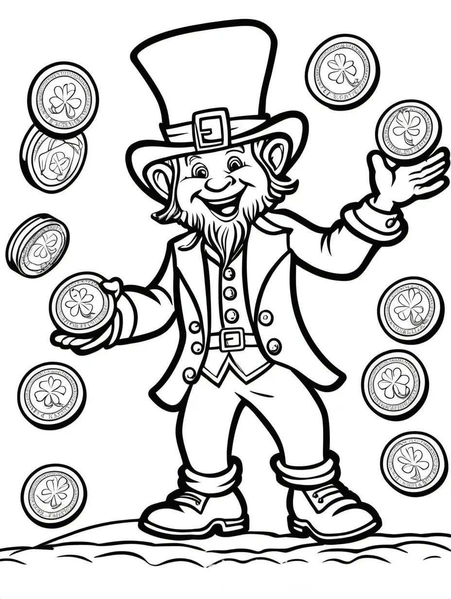 Leprechaun practicing his juggling skills with gold coins for St. Patrick's Day for kids , Coloring Page, black and white, line art, white background, Simplicity, Ample White Space. The background of the coloring page is plain white to make it easy for young children to color within the lines. The outlines of all the subjects are easy to distinguish, making it simple for kids to color without too much difficulty