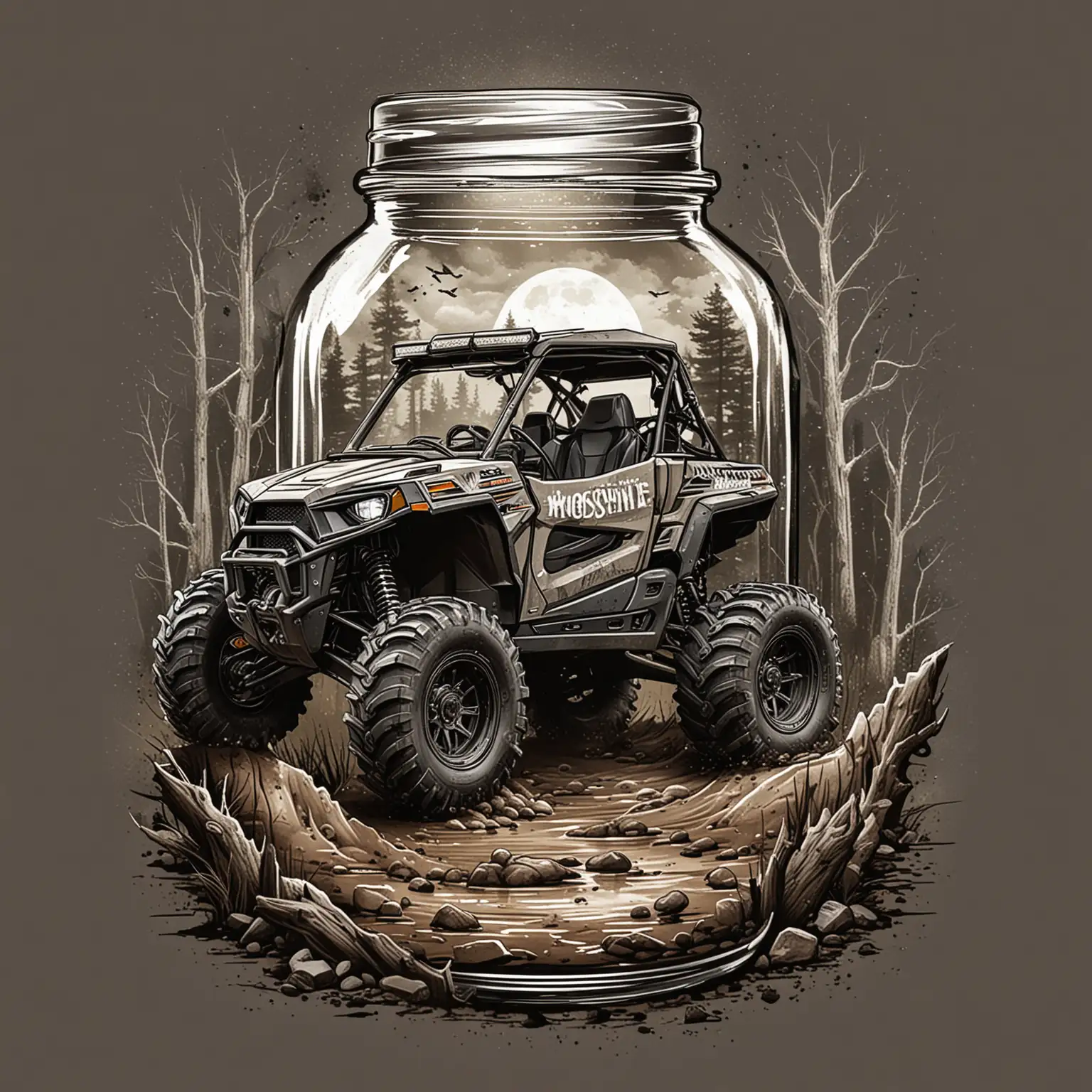 Shirt Design of a Moonshine jar with a rzr side by side going thru the mud and in the jar have it say " Get Your Ride On"