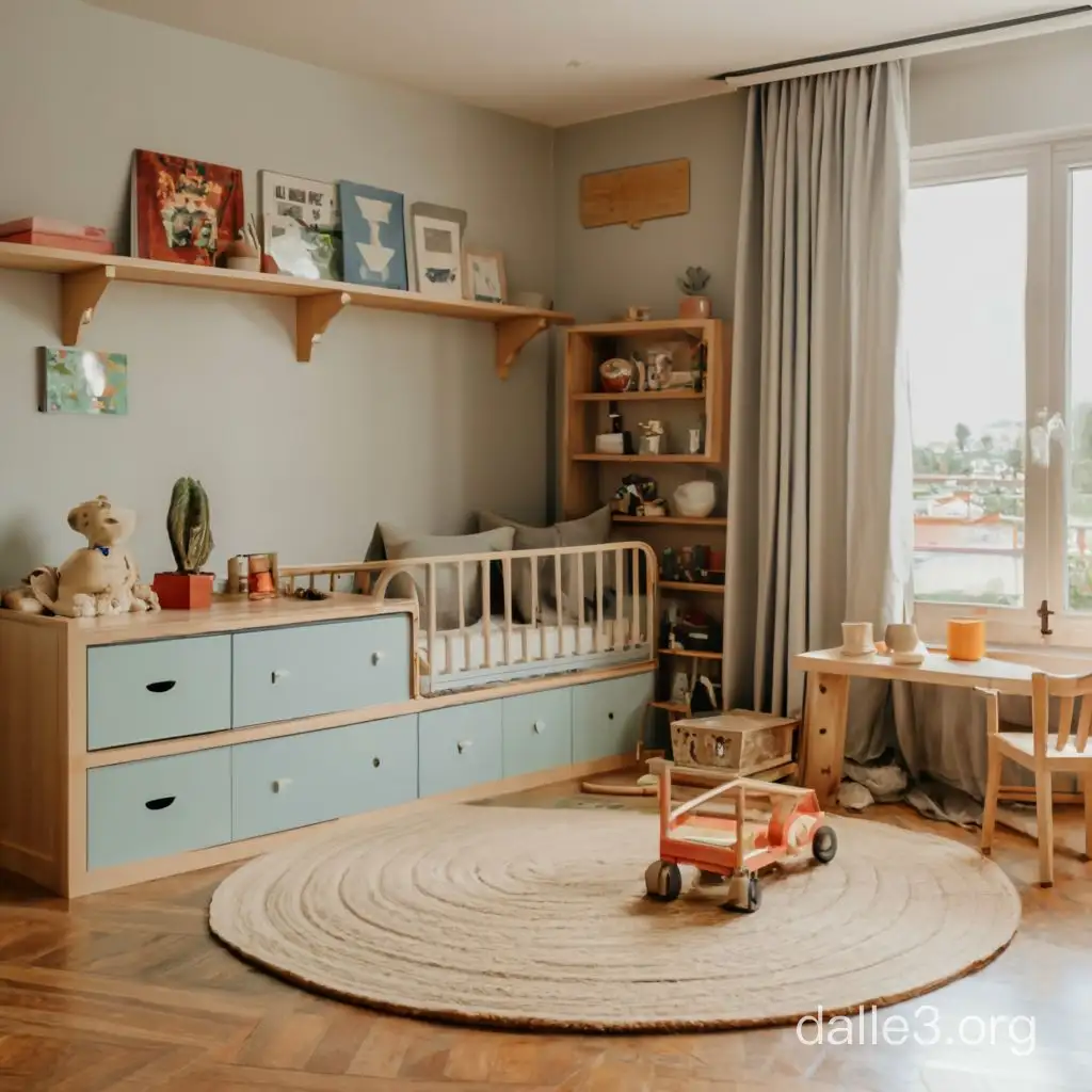 В детской комнате разные игрушки, кровать, стол