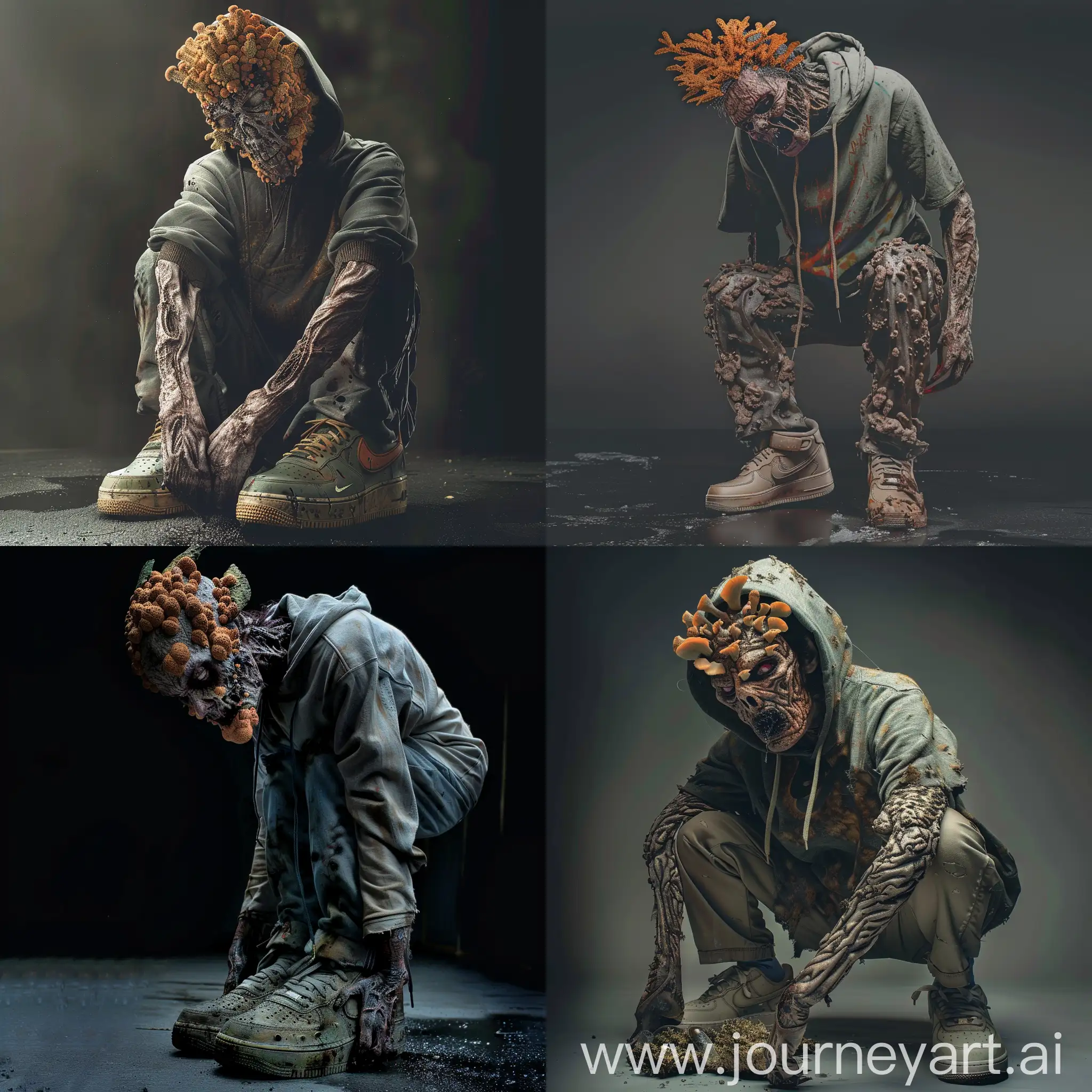  A photo of a zombie covered in fungus. He should look like a weird zombie, he wearing hoddie and Nike Air force shoes --cref https://cdn.discordapp.com/attachments/1200713789763485788/1221389215670206534/images_31.jpg?ex=66126659&is=65fff159&hm=26a112d78278f2a7c750c168be45e0debf73696e6c5c9220a07c4f06cc01c441& --cw 100 --v 6 