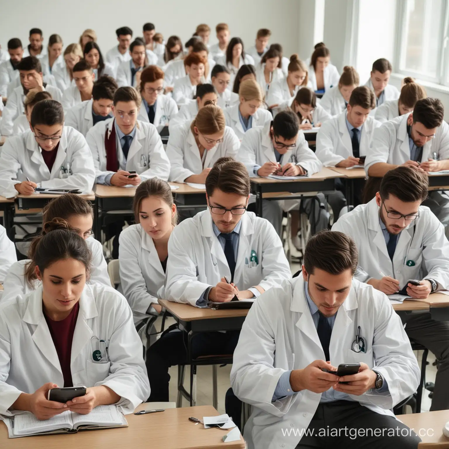 Студенты медицинского университета сидят на лекции, все смотрят в свои телефоны