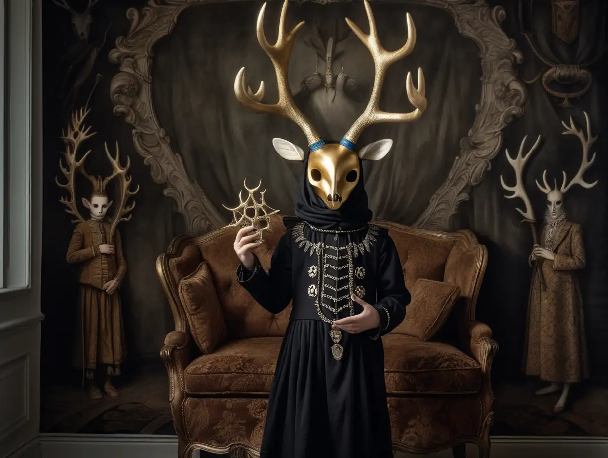 a boy in a 19th century costume with a harlequin mask on his face holds golden deer antlers in his hands, behind him on the wall is a huge tapestry with a deerin the style of demonic photograph, post processing, silence, detailed costumes, monochromatic minimalist portraits, ghostly presence, traditional costumes, Magical, mystical award winning photograph, in the style of Remedios Varo, R. H. Giger and Ray Caesar ::3 , digital painting ::-0.3 Barbouillage, Shot on 17. 5mm, 85mm Lens, DSLR, F/ 22, ND - Filter, ultra quality, highly detailed, unreal engine, volumetric lighting, ominous, dramatic, horror background, octane render. ::1 , —ar 16:9