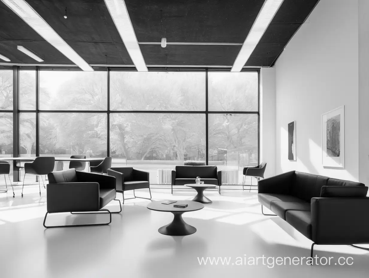чёрно-белое помещение в современном архитектурном колледже с современной красивой мебелью, где можно посидеть и много места чтобы постоять