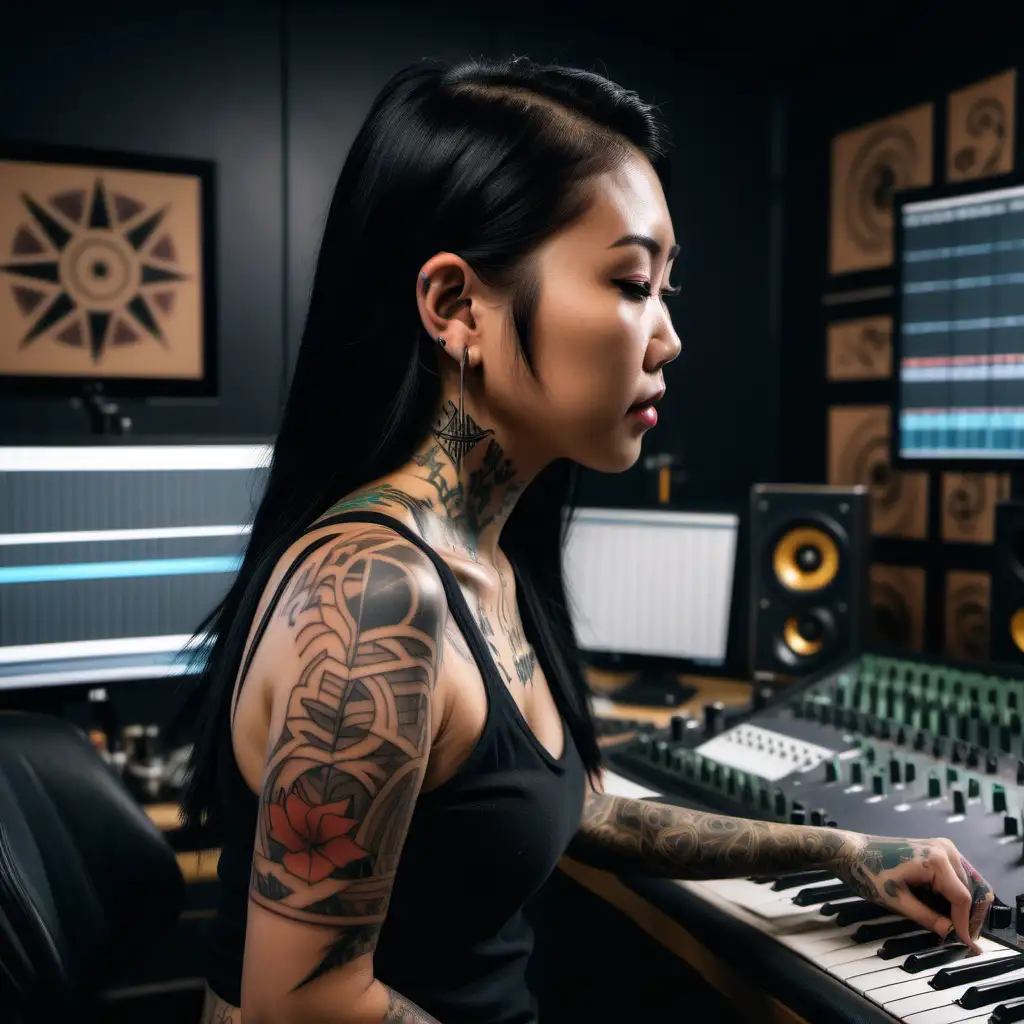 Tattooed Asian Female Crafting Musical Magic in 4K