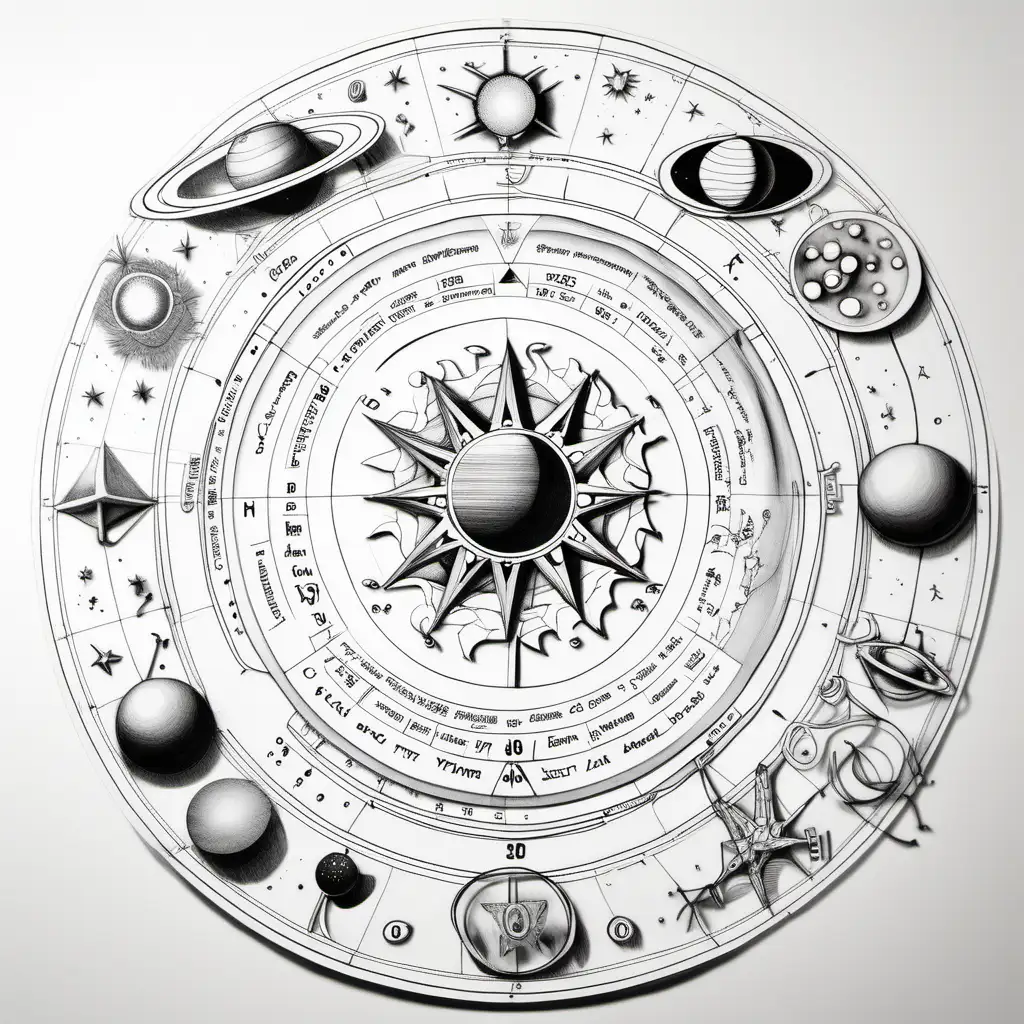 astrology vacation drawing  on pure white paper  front view 
