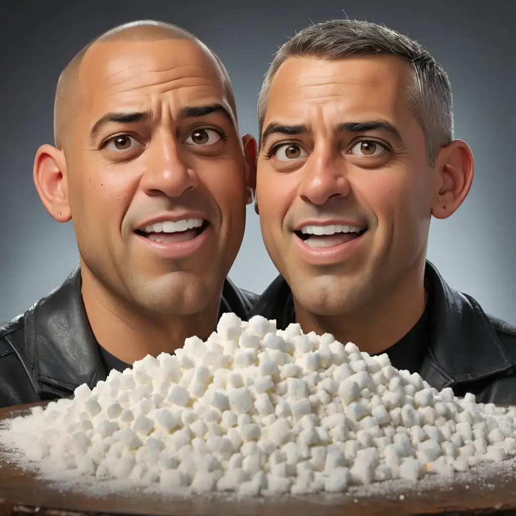 Humorous Caricatures of Vin Diesel and George Clooney with Pimples on Sugar Pile