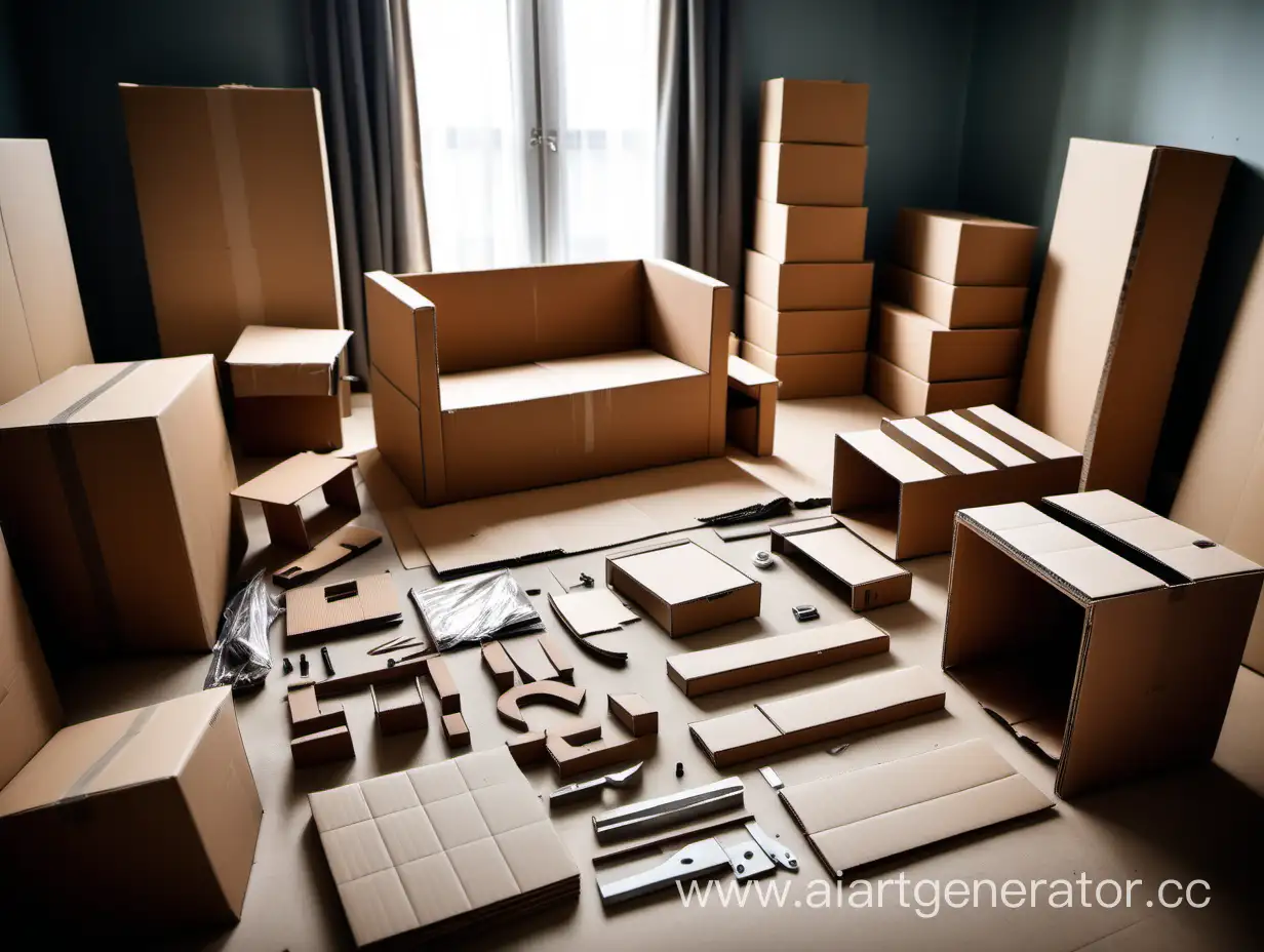 Artistic-Cinematic-Depiction-of-Disassembled-Furniture-Packed-in-Cardboard