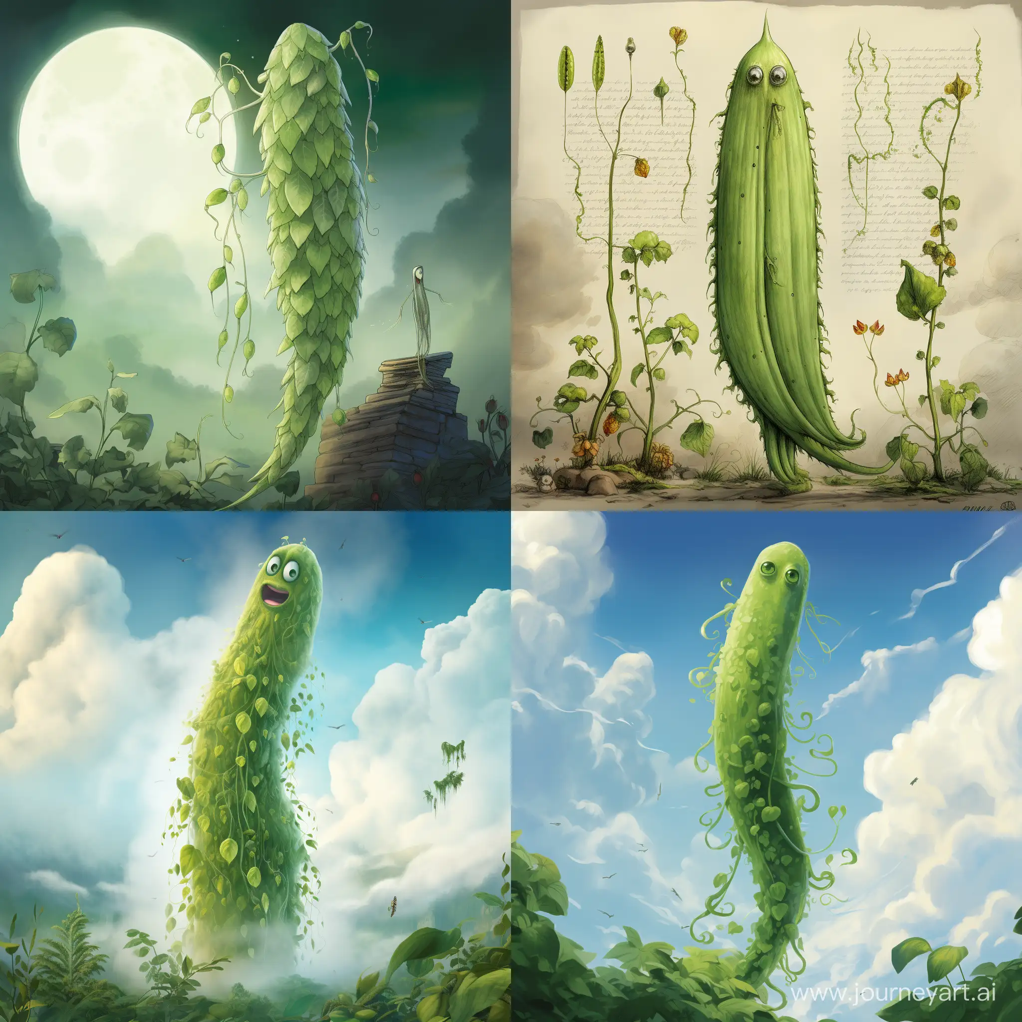 Imagine Příběhoun as a tall bean-like creature with a soft shade of green. Its body could have a texture reminiscent of old books, and a beanstalk-like crest would twirl like a vine with a few beans. Eyes might radiate a magical light, and gentle sparks would emanate from them while telling stories. Delicate clouds would surround its figure, symbolizing its connection with clouds and stories.