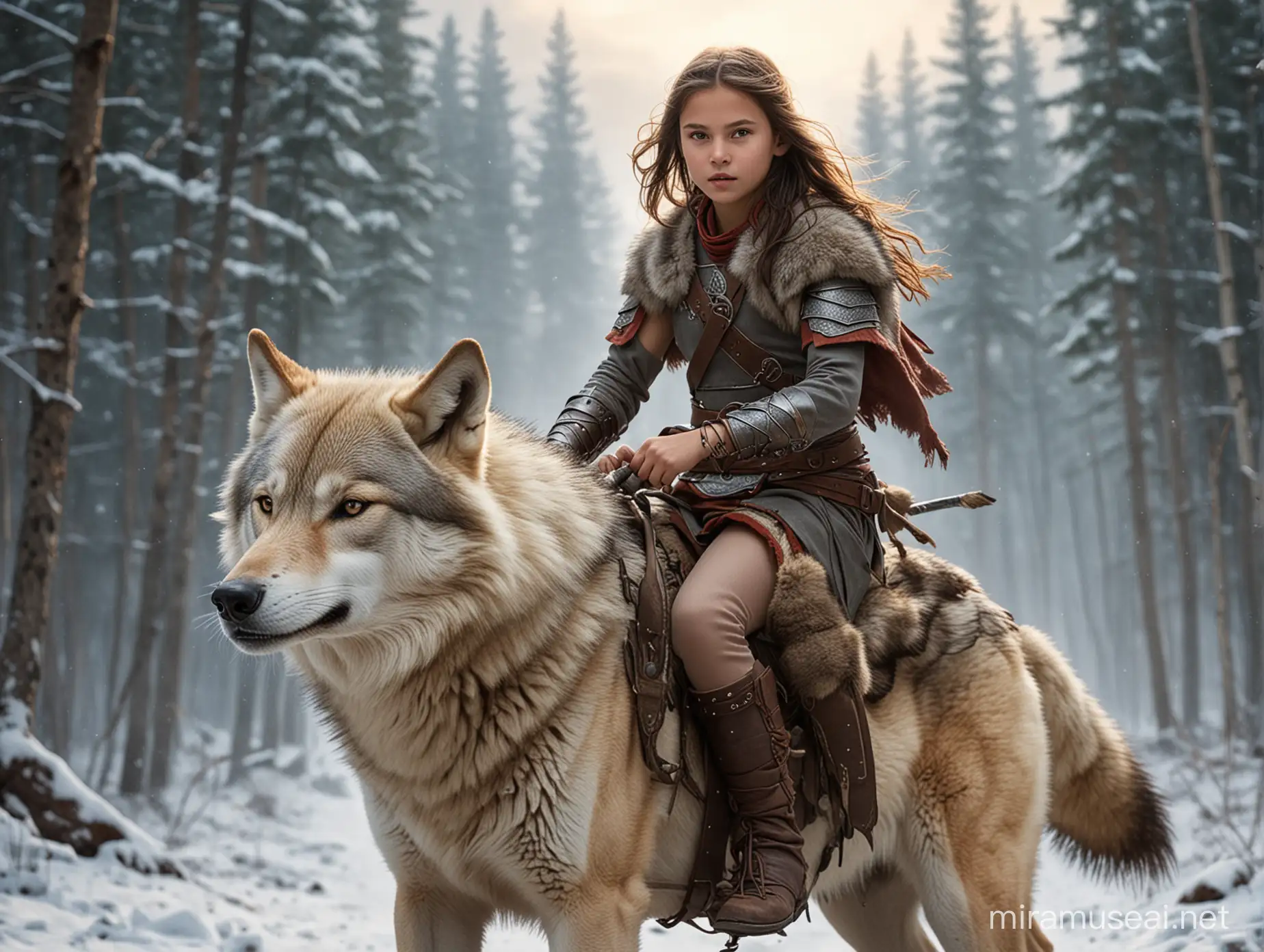 young girl warrior riding on the back of a wolf
