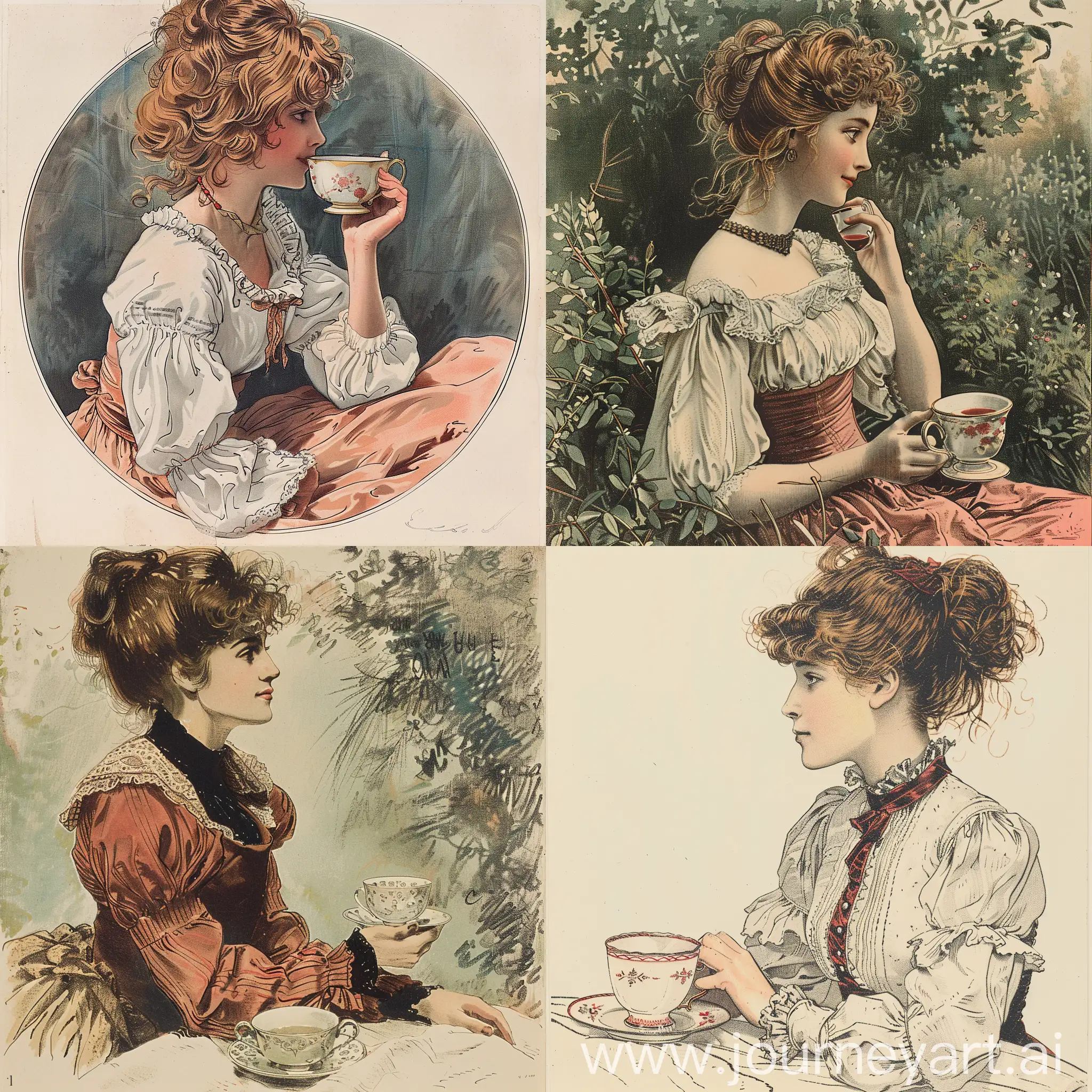 young woman sitting with a porcelain tea cup, three-quarter spread, color engraving